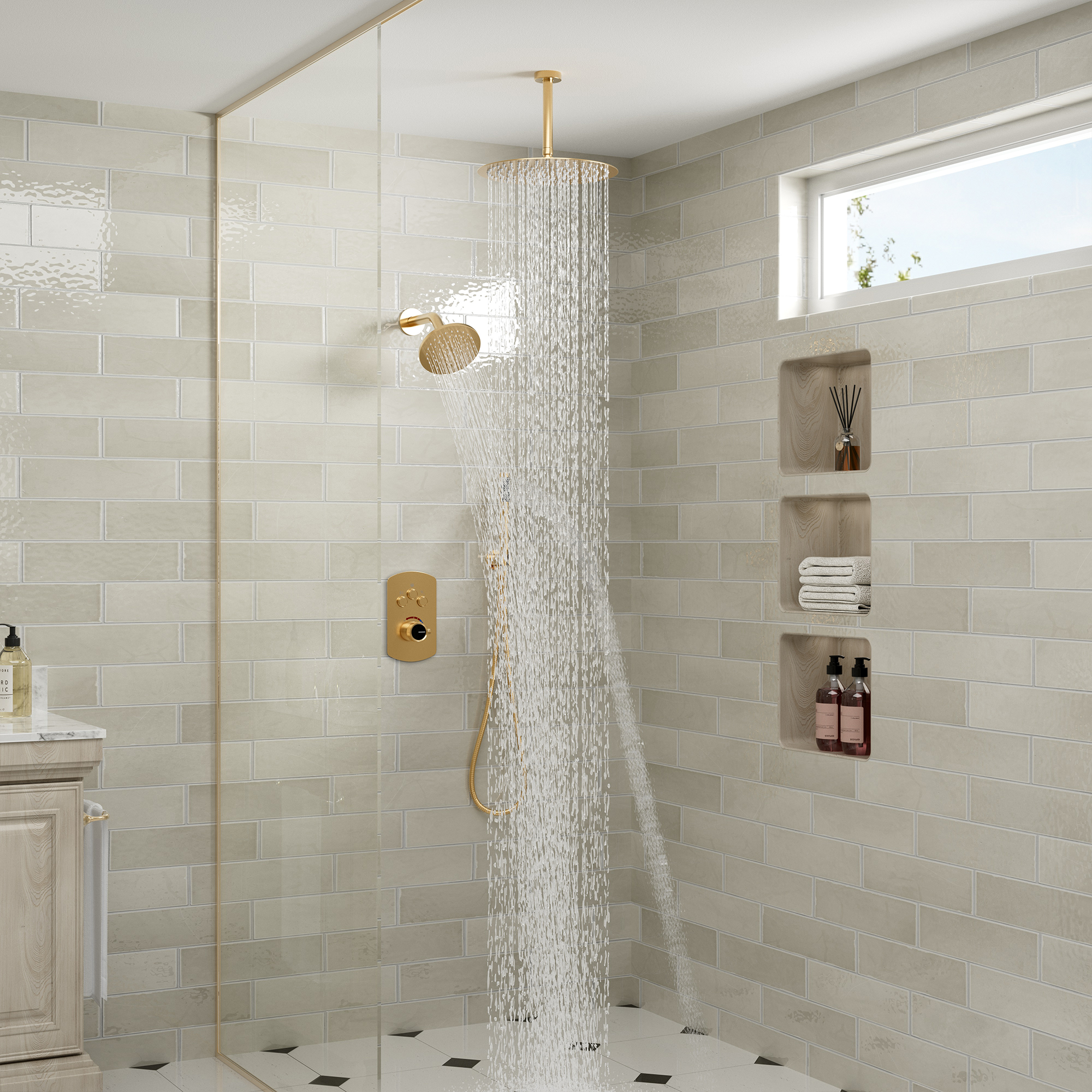 3-Function Shower System with Dual Showerheads and Balancing Valve