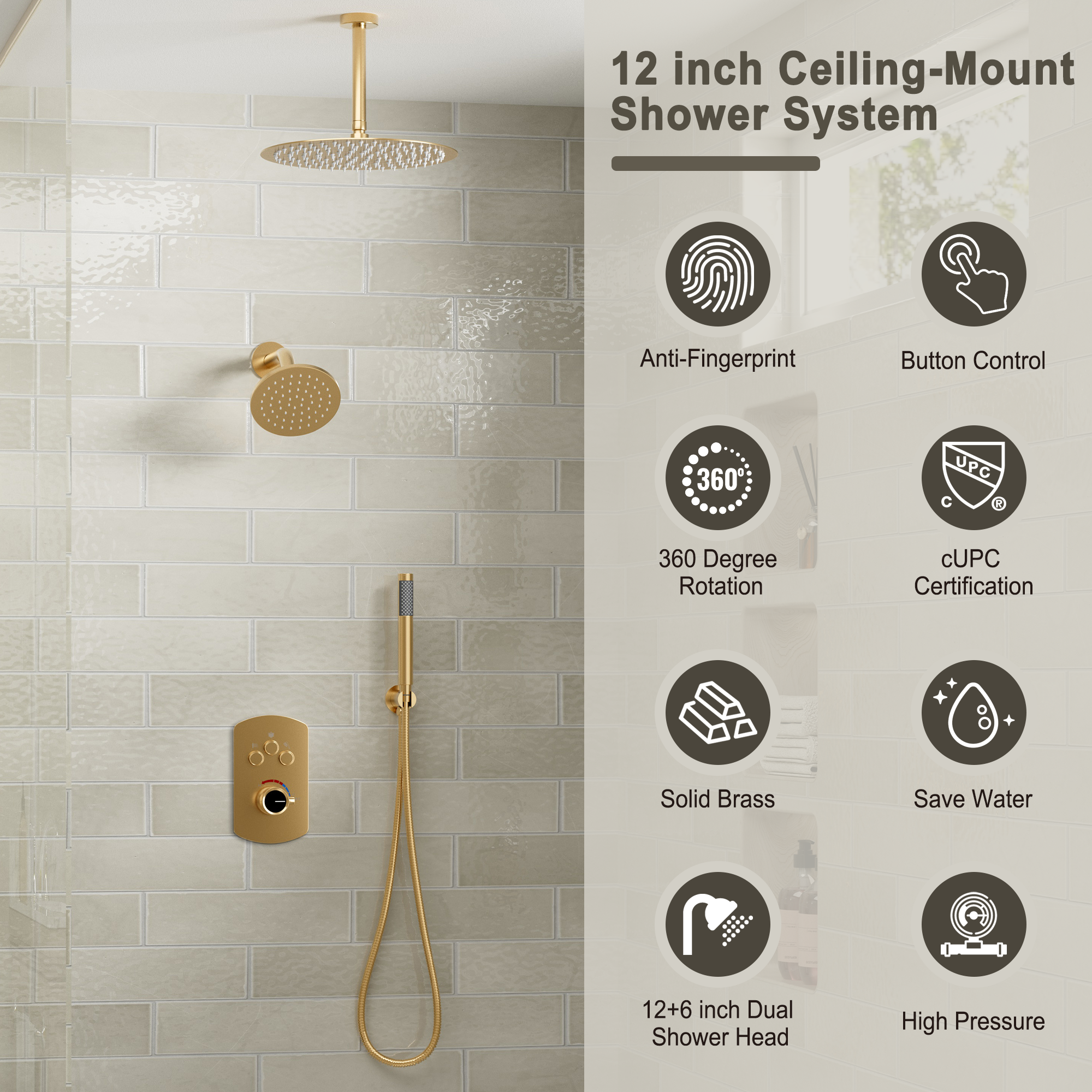 3-Function Shower System with Dual Showerheads and Balancing Valve