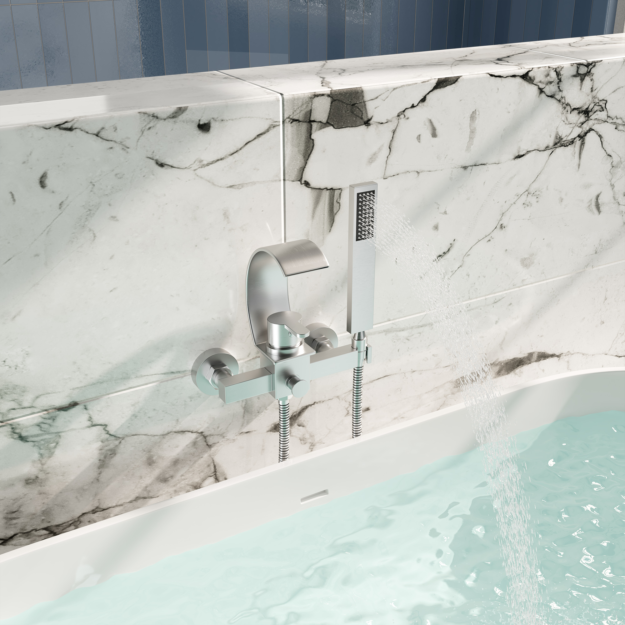 Wall-Mounted Brass Waterfall Tub Filler with Handheld Shower