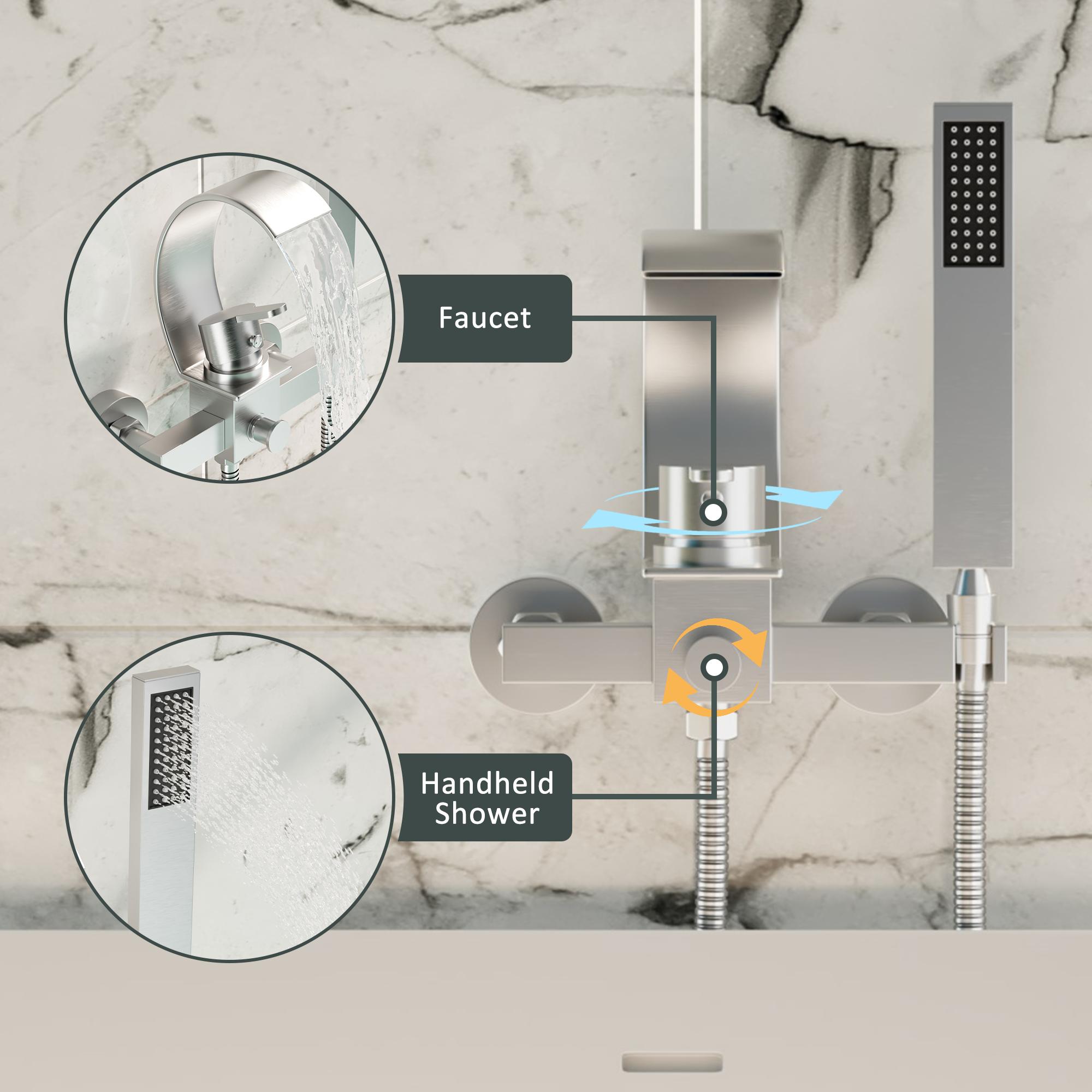 Wall-Mounted Brass Waterfall Tub Filler with Handheld Shower