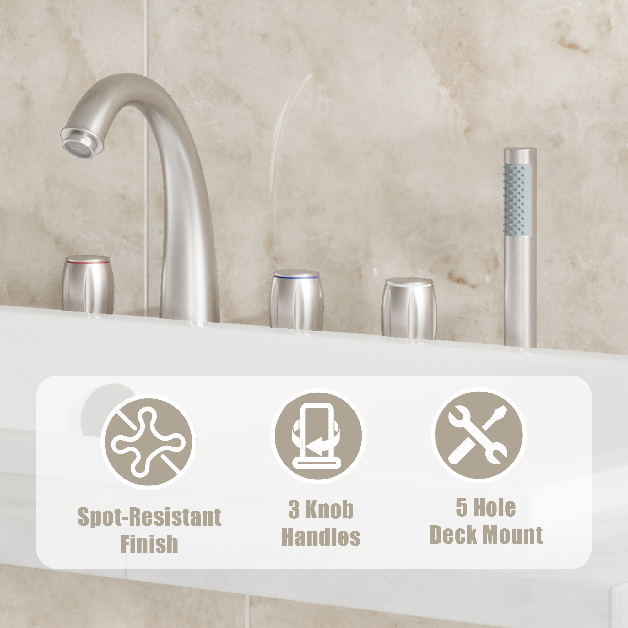 3-Handle Deck-Mounted Waterfall Roman Tub Faucet with Hand Shower