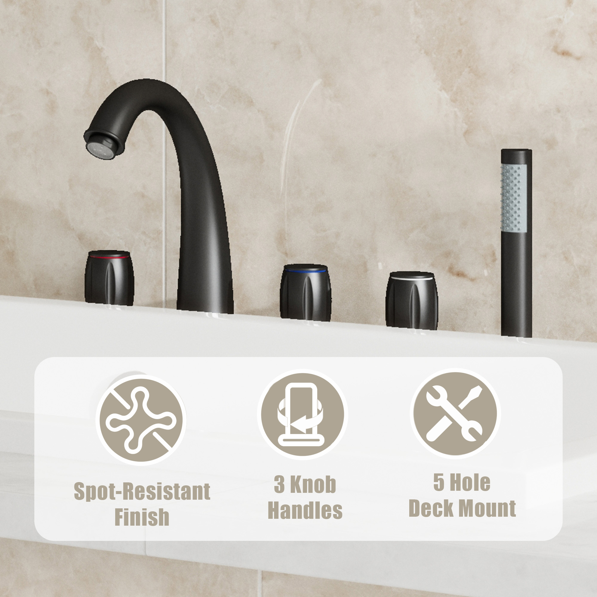 3-Handle Deck-Mounted Waterfall Roman Tub Faucet with Hand Shower