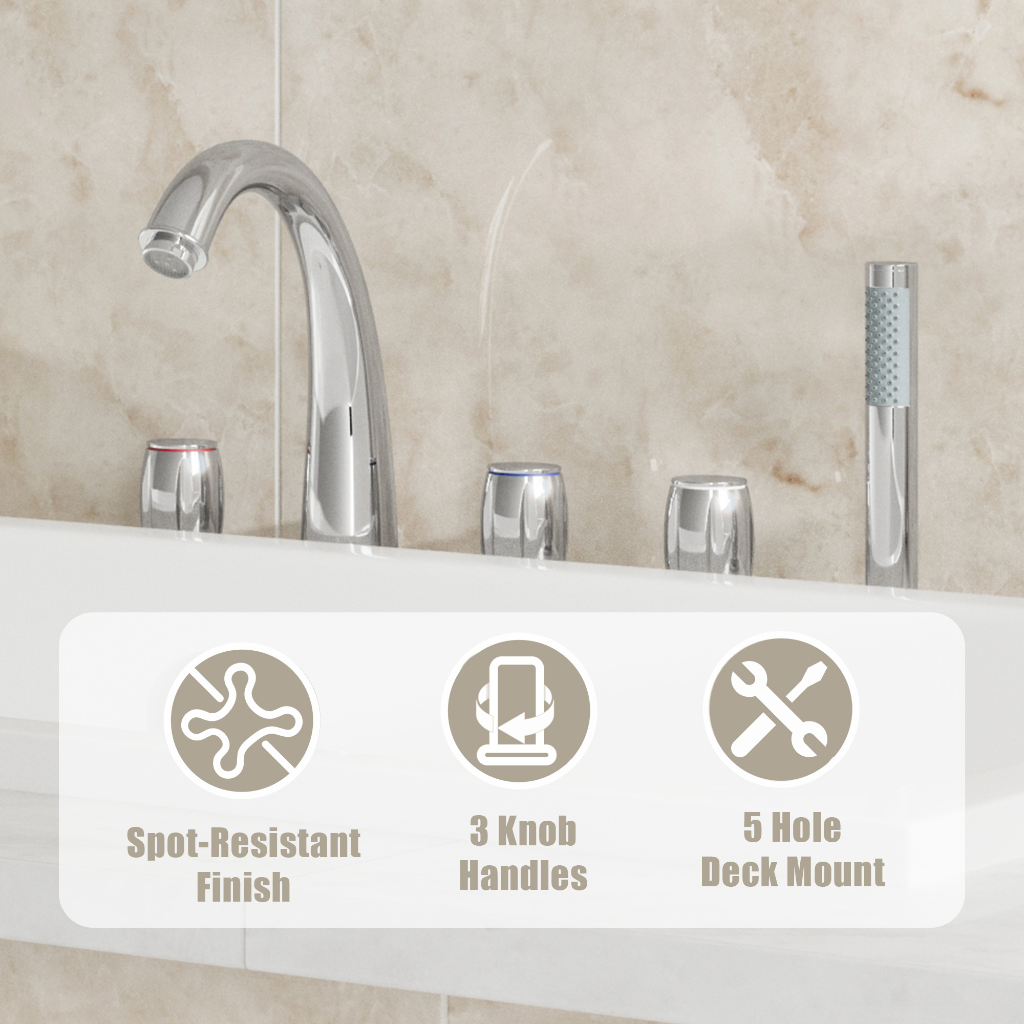 3-Handle Deck-Mounted Waterfall Roman Tub Faucet with Hand Shower