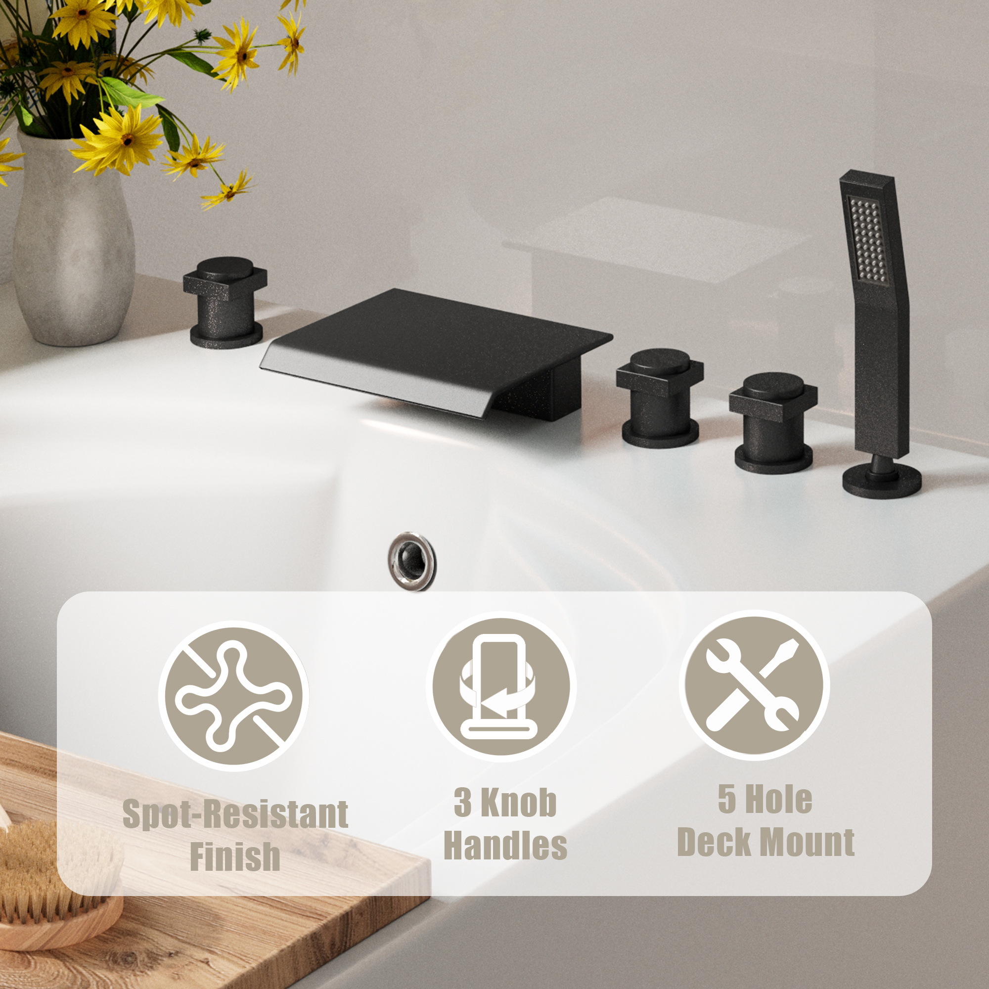3-Handle 5 Holes Deck-Mounted Bathtub Faucet with Handheld Shower