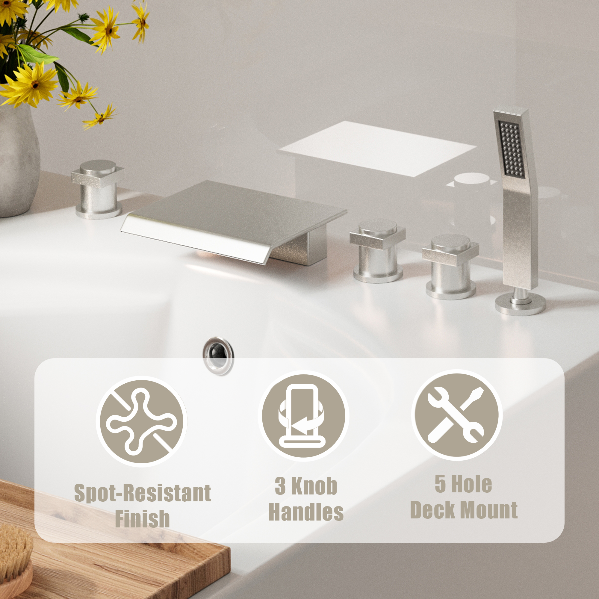 3-Handle 5 Holes Deck-Mounted Bathtub Faucet with Handheld Shower