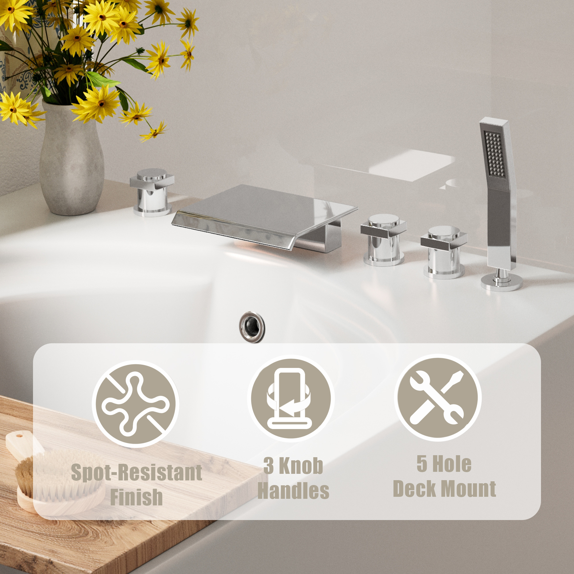 3-Handle 5 Holes Deck-Mounted Bathtub Faucet with Handheld Shower