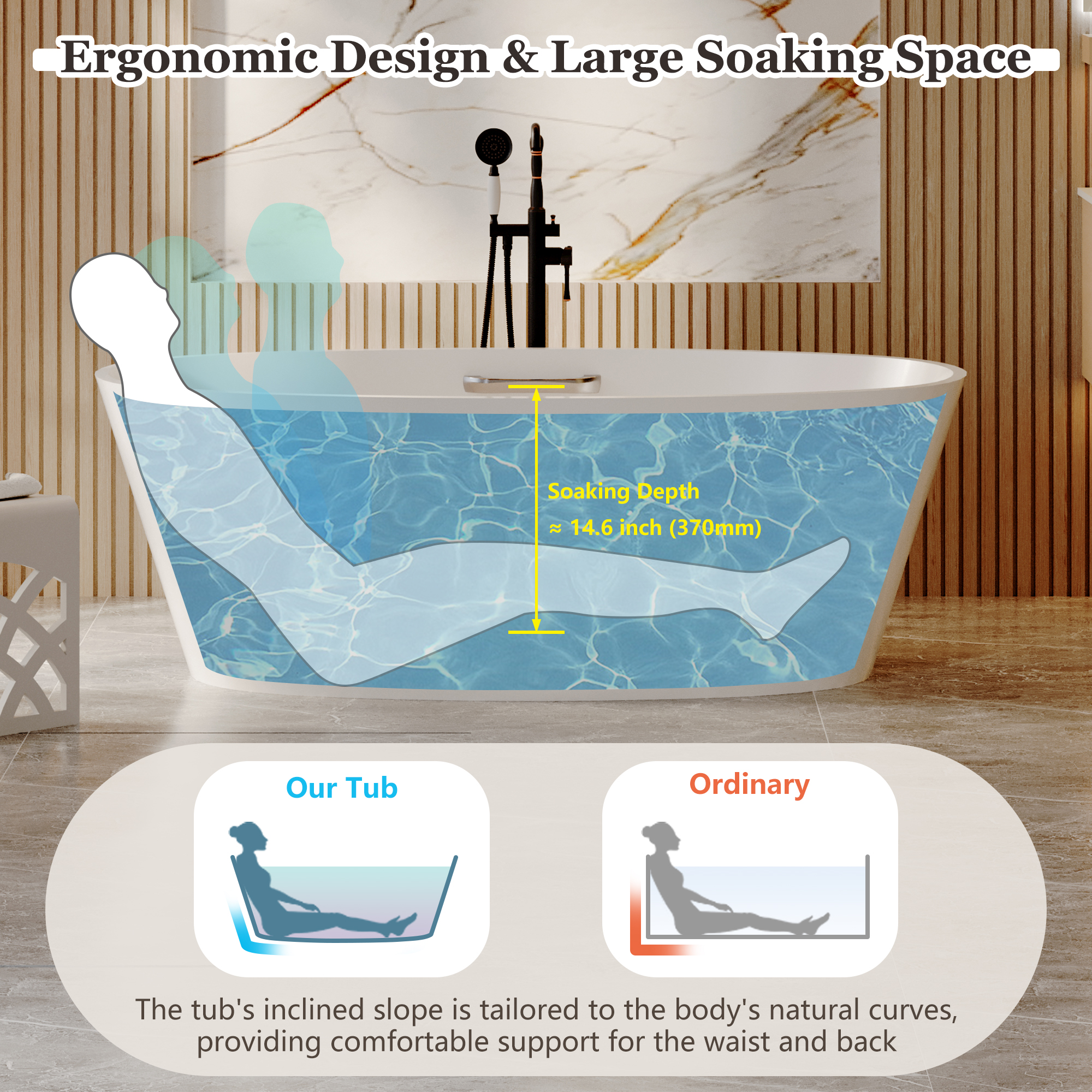 63" Matte White Solid Surface Freestanding Soaking Bathtub with One-Side Armrest