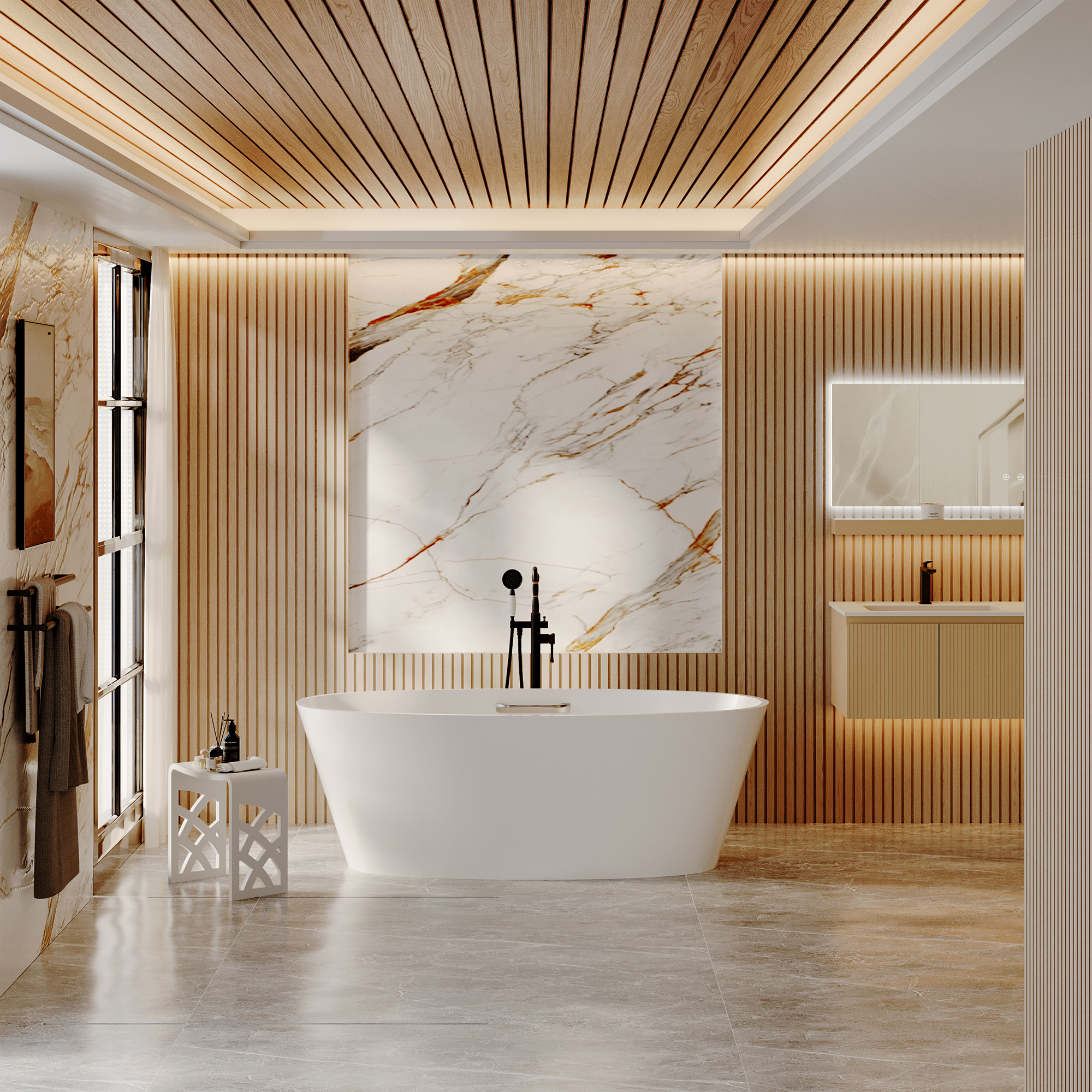 63" Matte White Solid Surface Freestanding Soaking Bathtub with One-Side Armrest