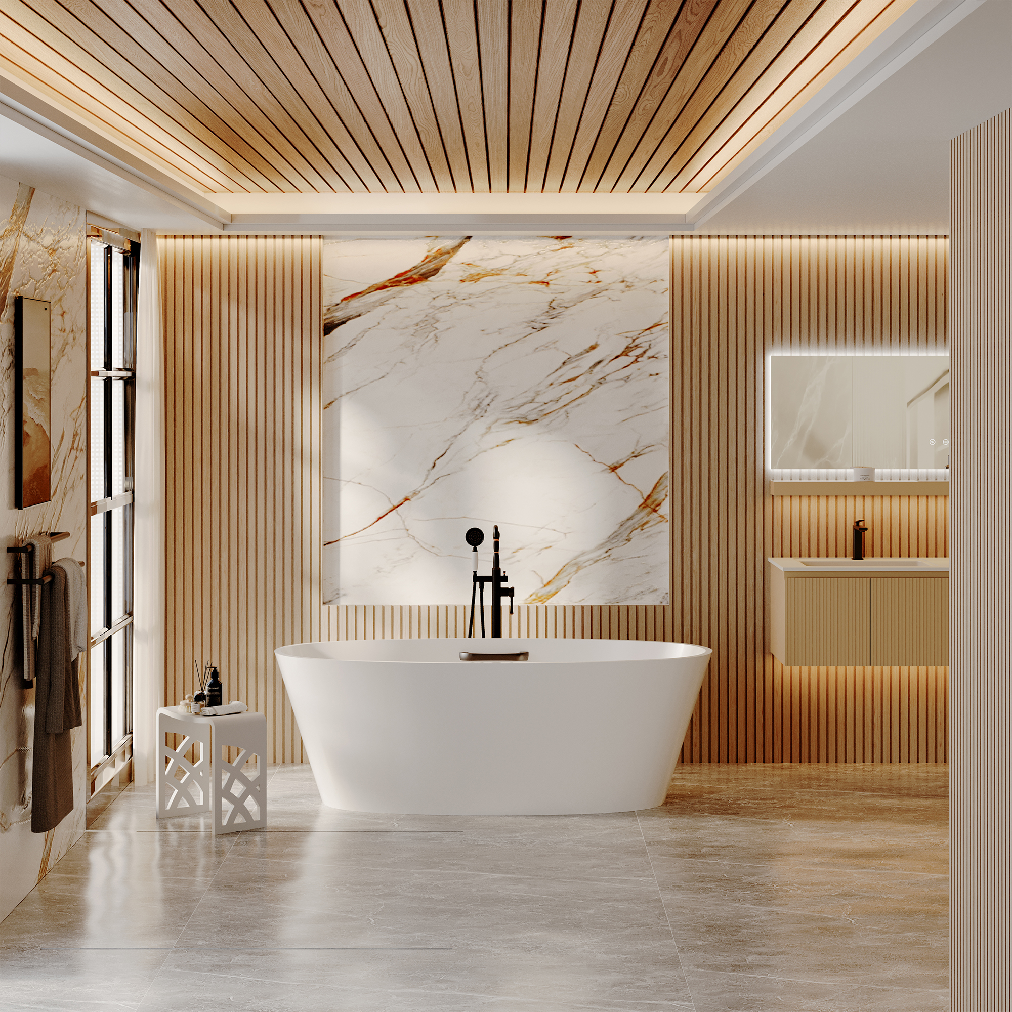 63" Matte White Solid Surface Freestanding Soaking Bathtub with One-Side Armrest