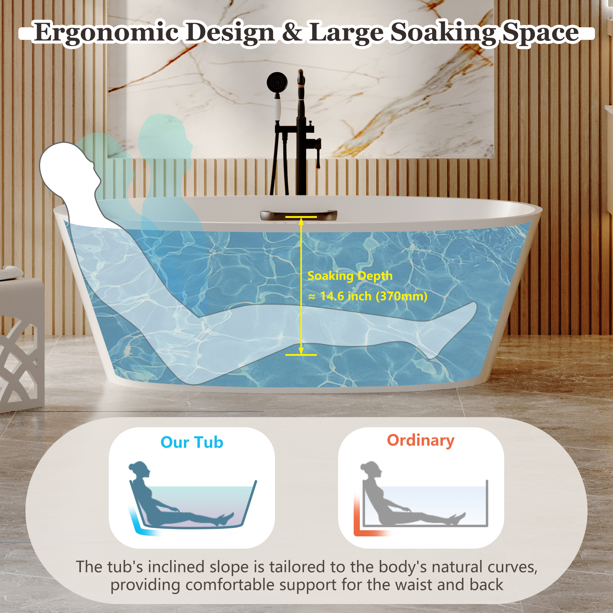 63" Matte White Solid Surface Freestanding Soaking Bathtub with One-Side Armrest