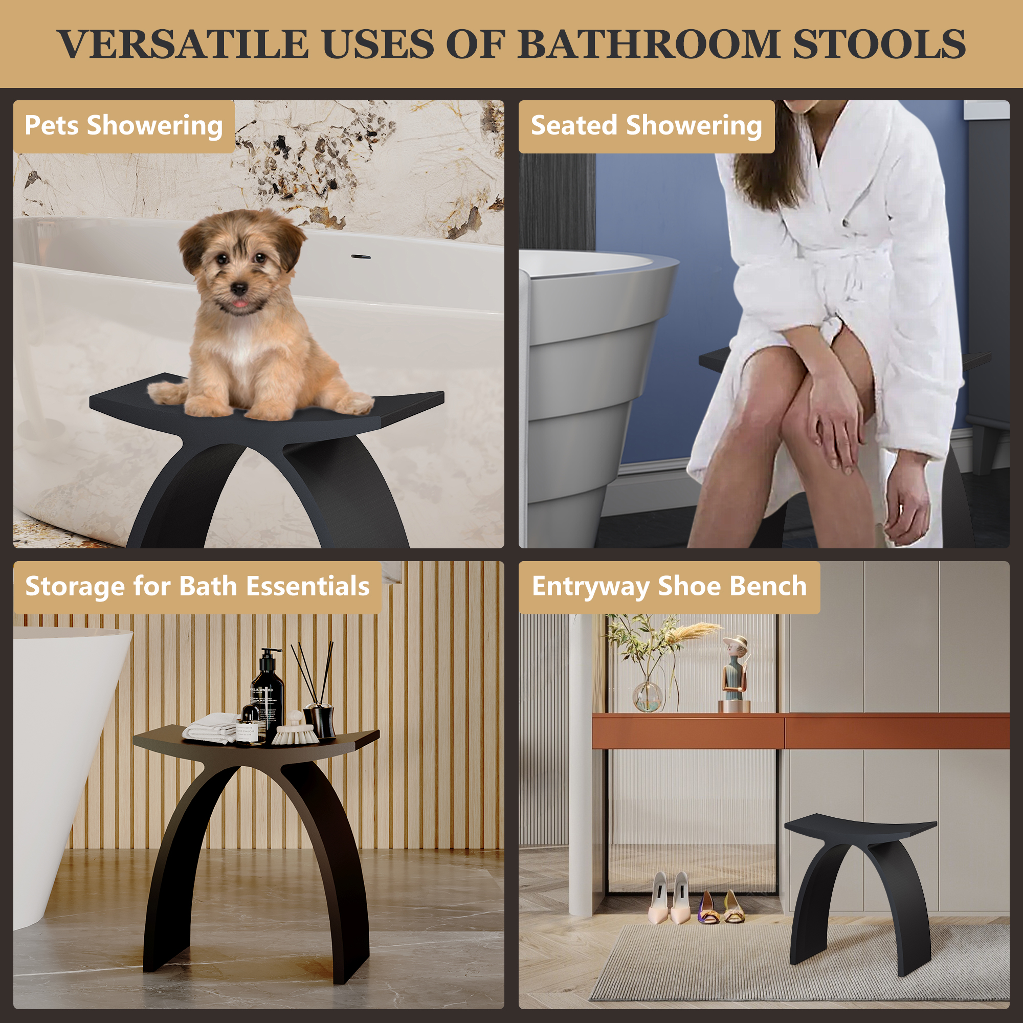 Modern Arched Solid Surface Bathroom Shower Stool in Matte White/Matte Black