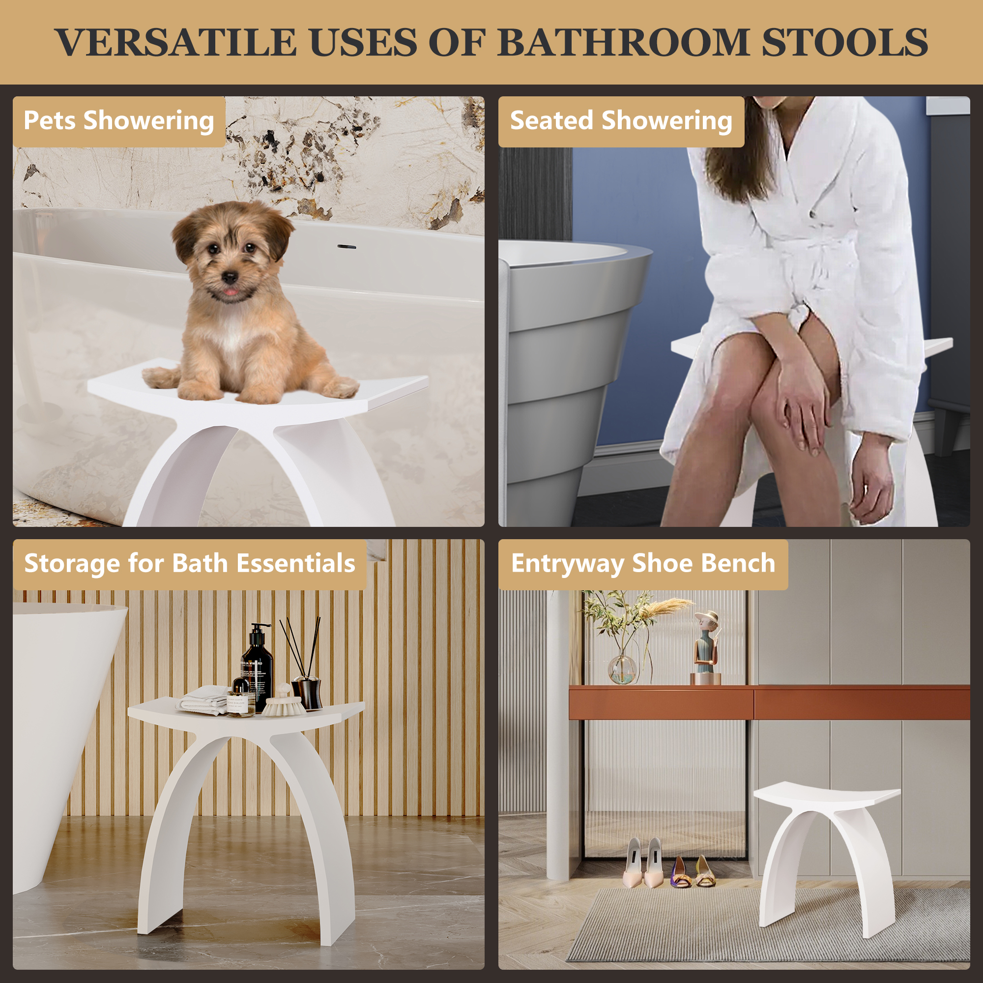 Modern Arched Solid Surface Bathroom Shower Stool in Matte White/Matte Black