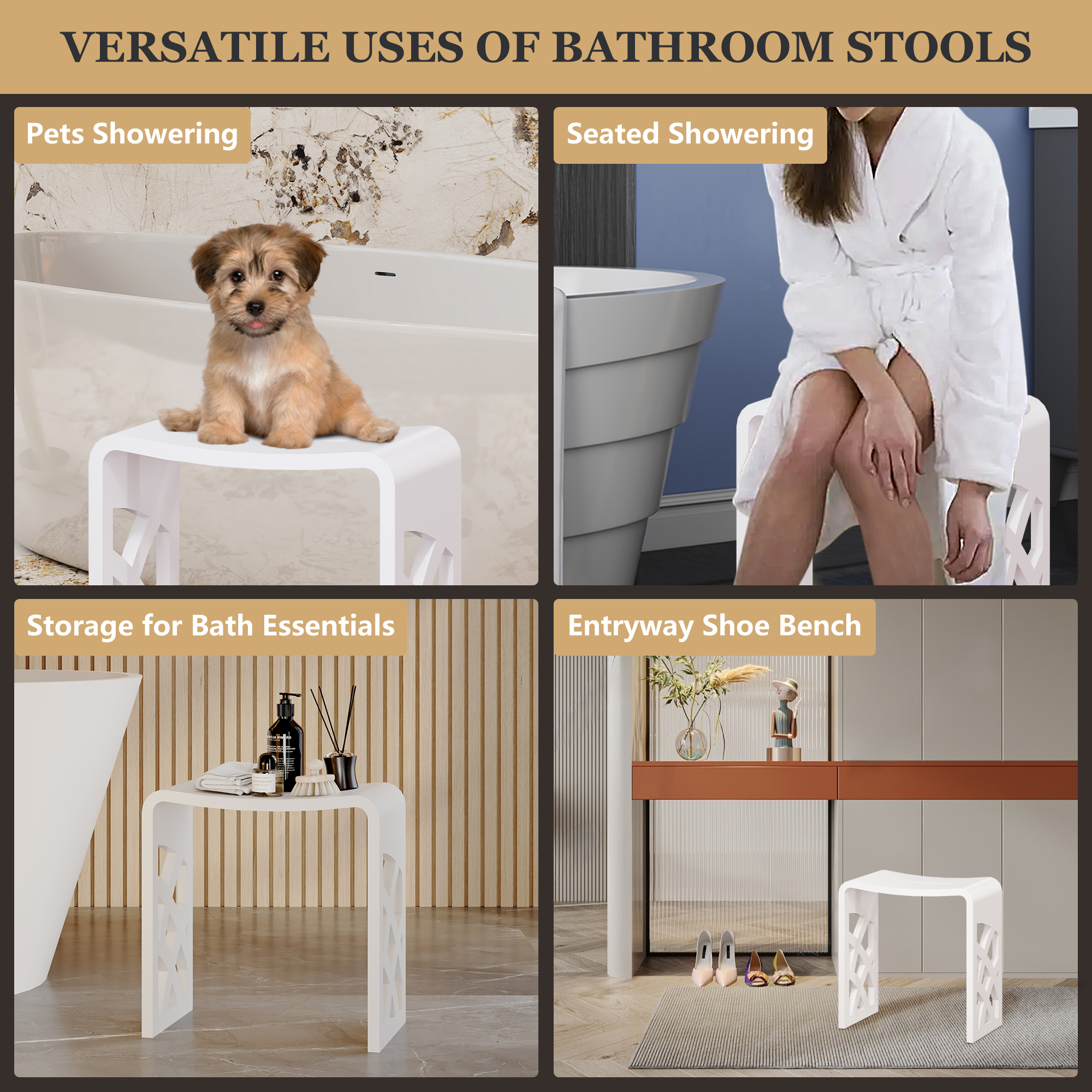 Chic Solid Surface Stone Bath Stool with Lattice Carved Legs