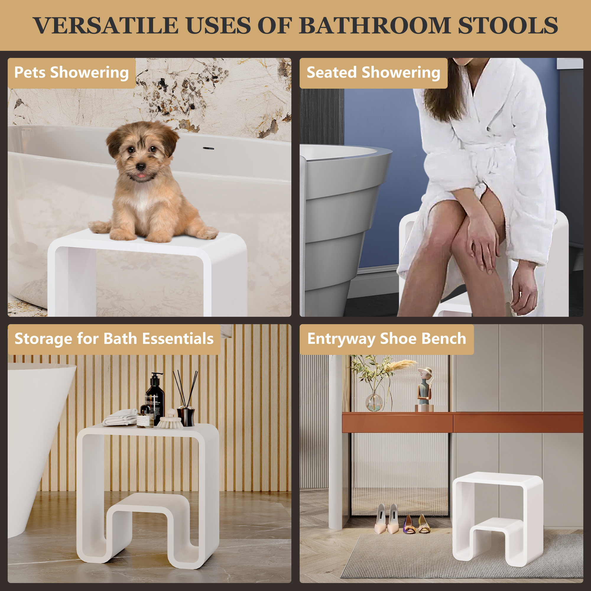 Solid Surface Freestanding Shower Stool with Wide Legs & Dual-Layer Design