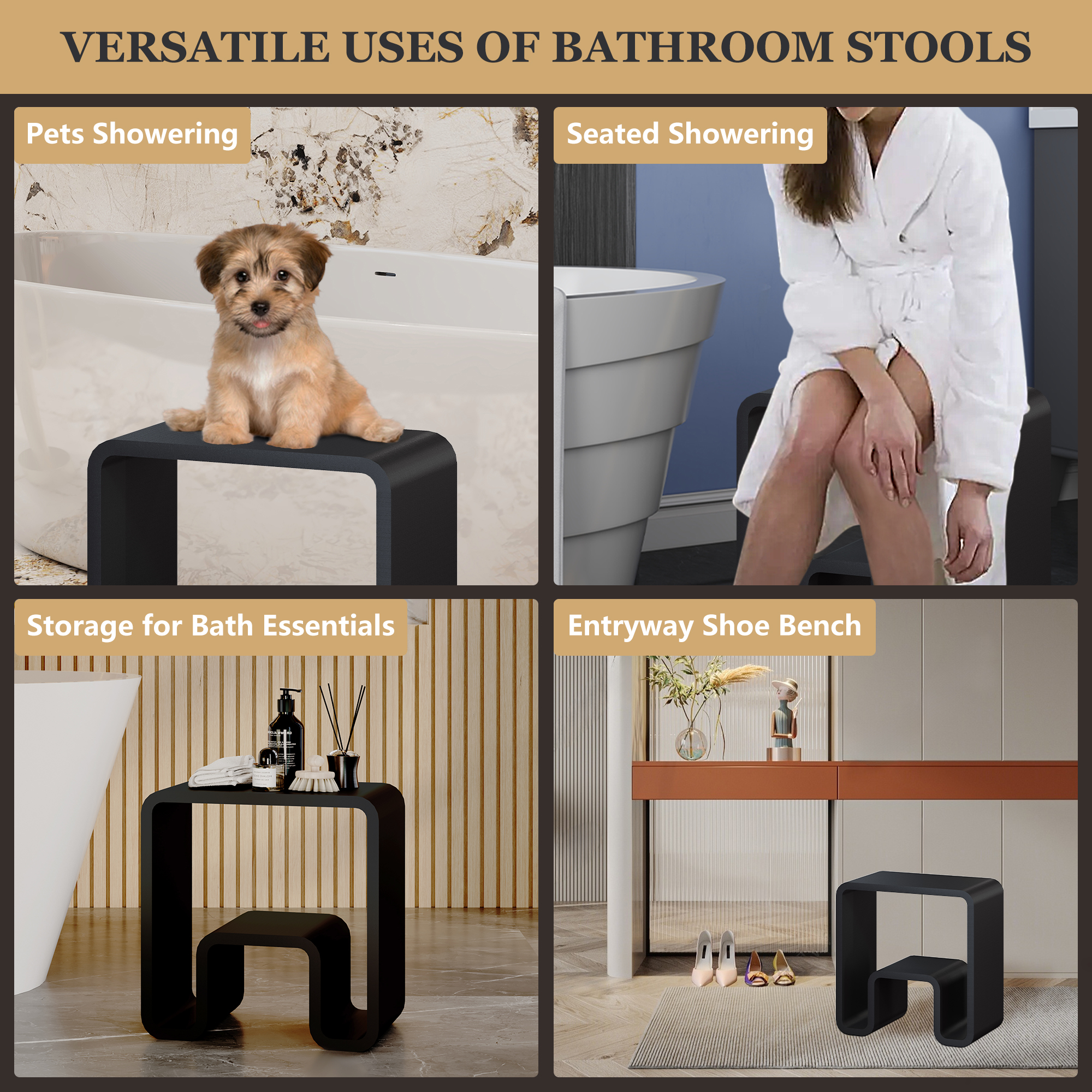 Solid Surface Freestanding Shower Stool with Wide Legs & Dual-Layer Design