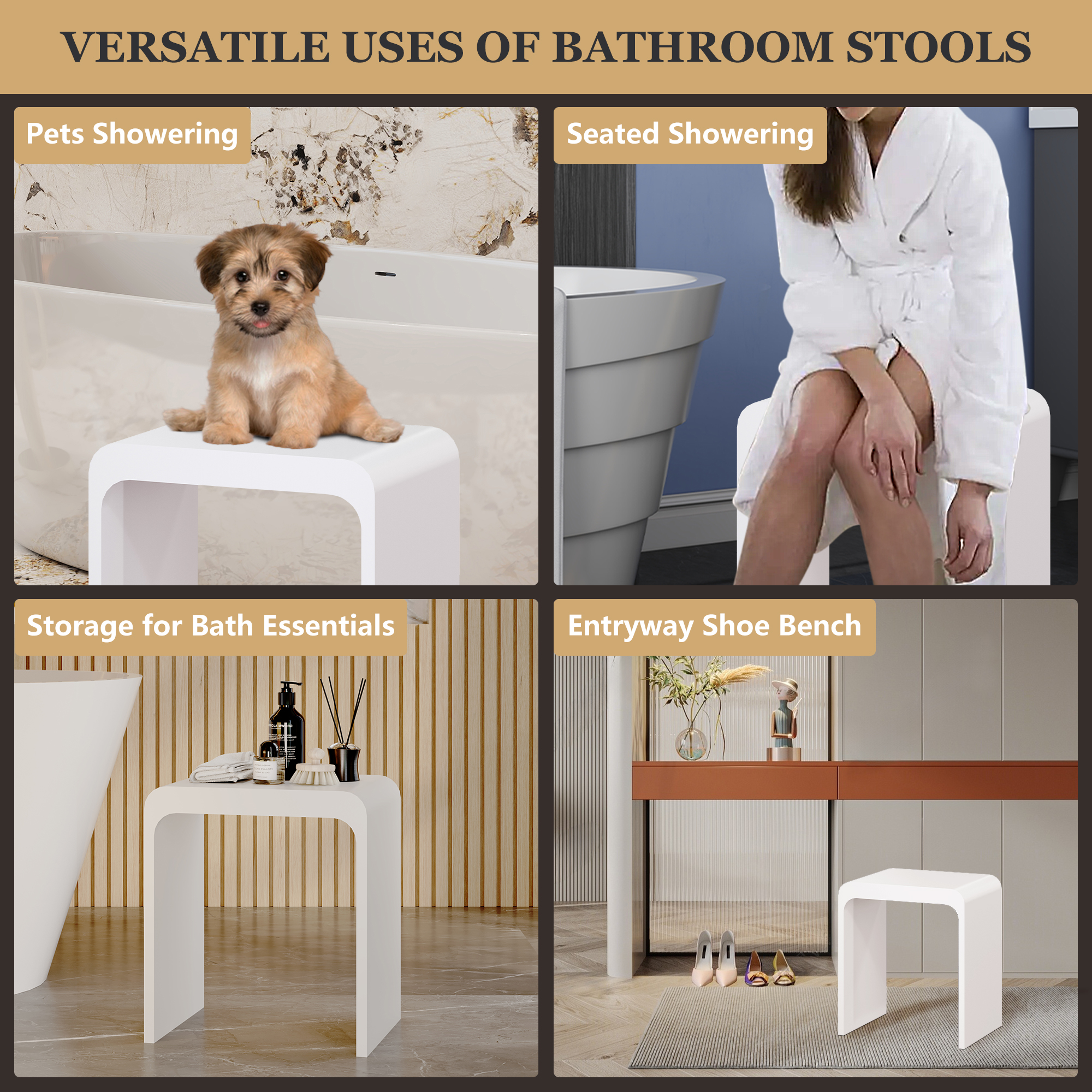 Solid Surface Bathroom Shower Stool with 1.77" Thickened Seat