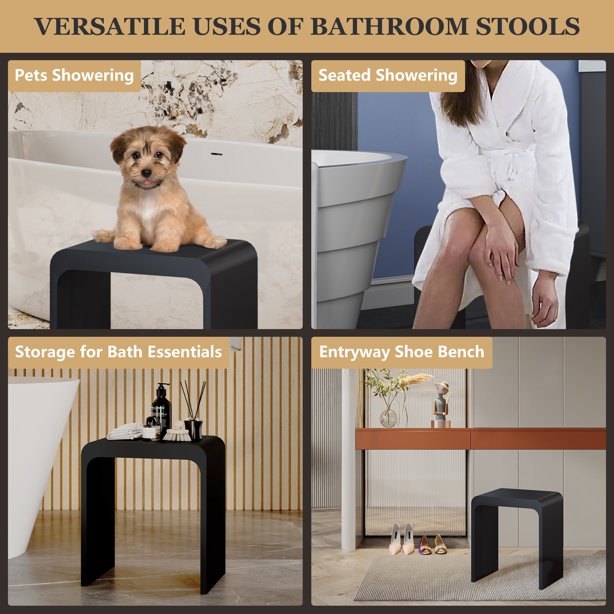 Solid Surface Bathroom Shower Stool with 1.77" Thickened Seat