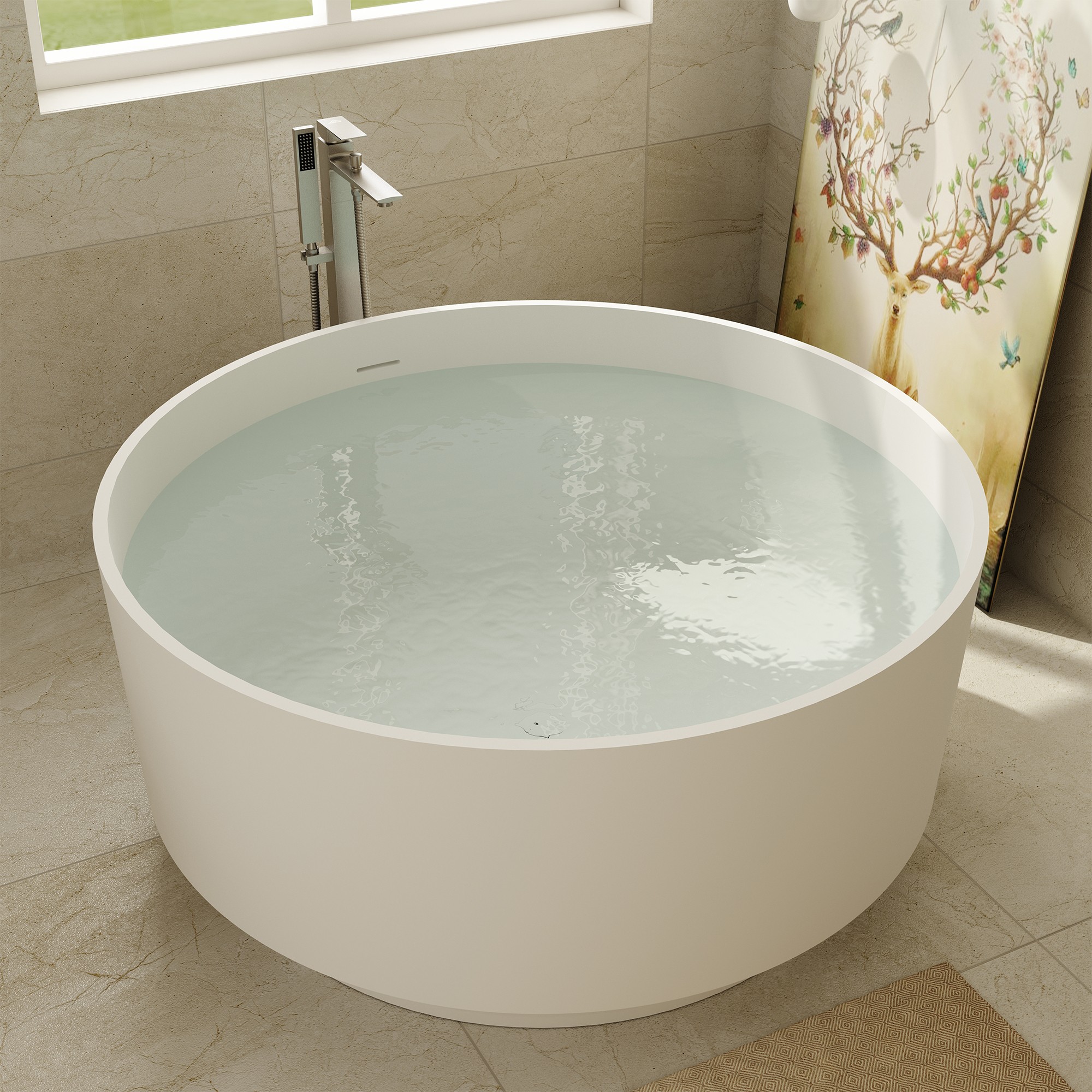 49" Round Solid Surface Freestanding Soaking Bathtub for Family Relaxation