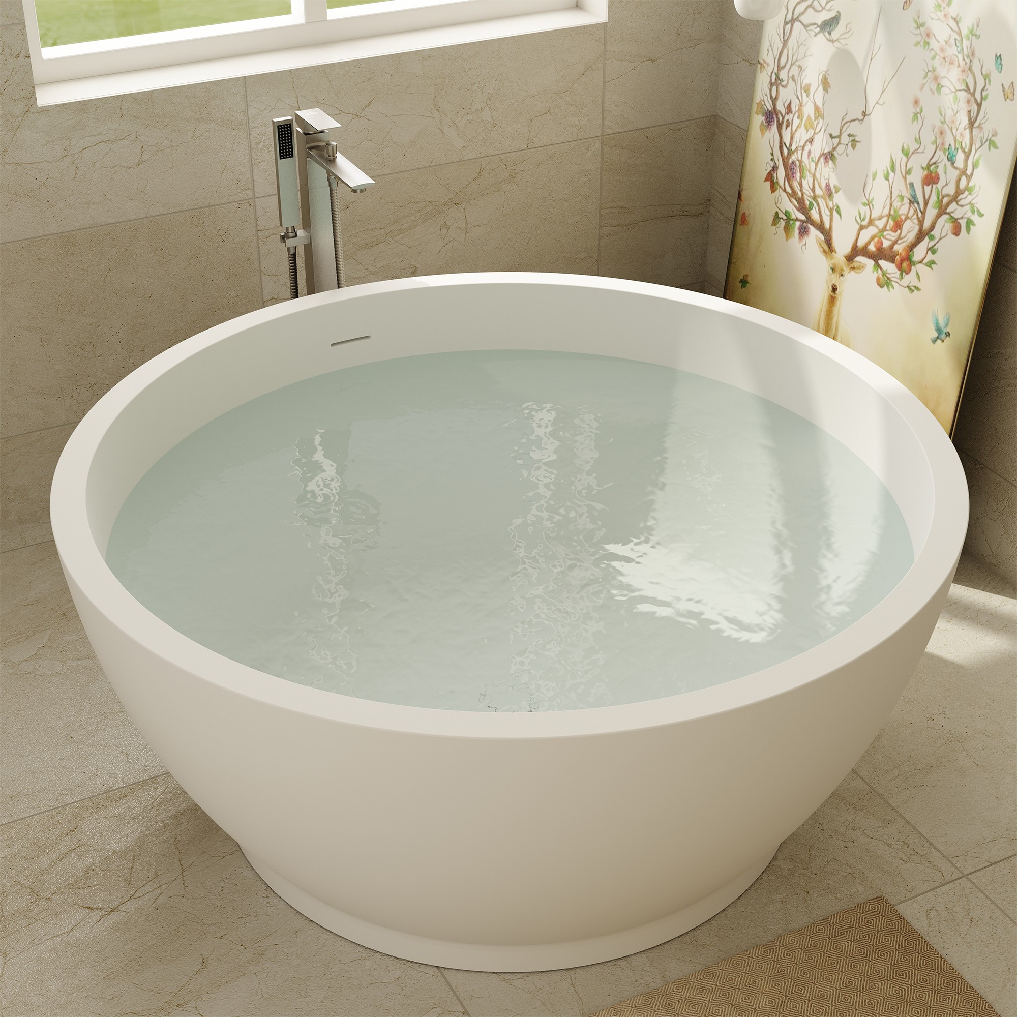 53" Freestanding Solid Surface Soaking Bathtub with 4" Wide Rim