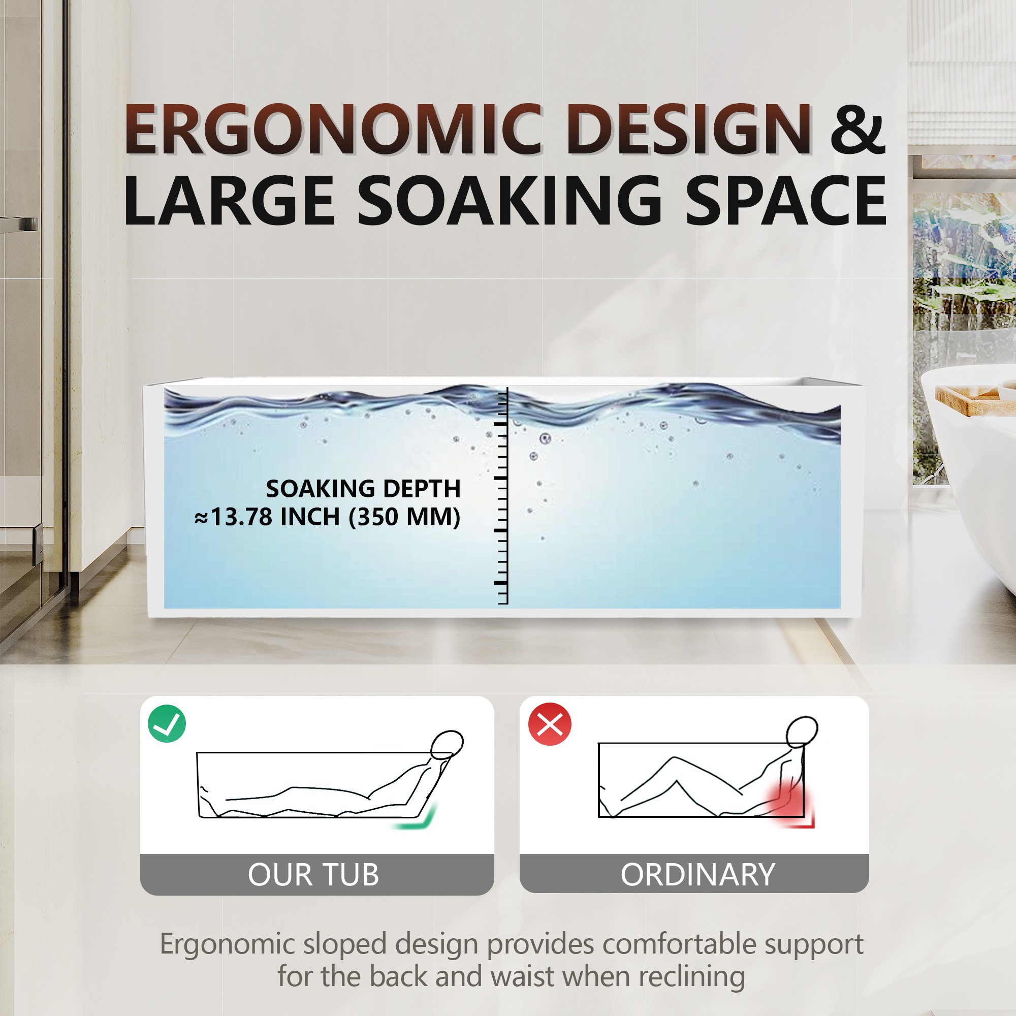 67" Freestanding Solid Surface Bathtub with Slide-Like Curved Interior