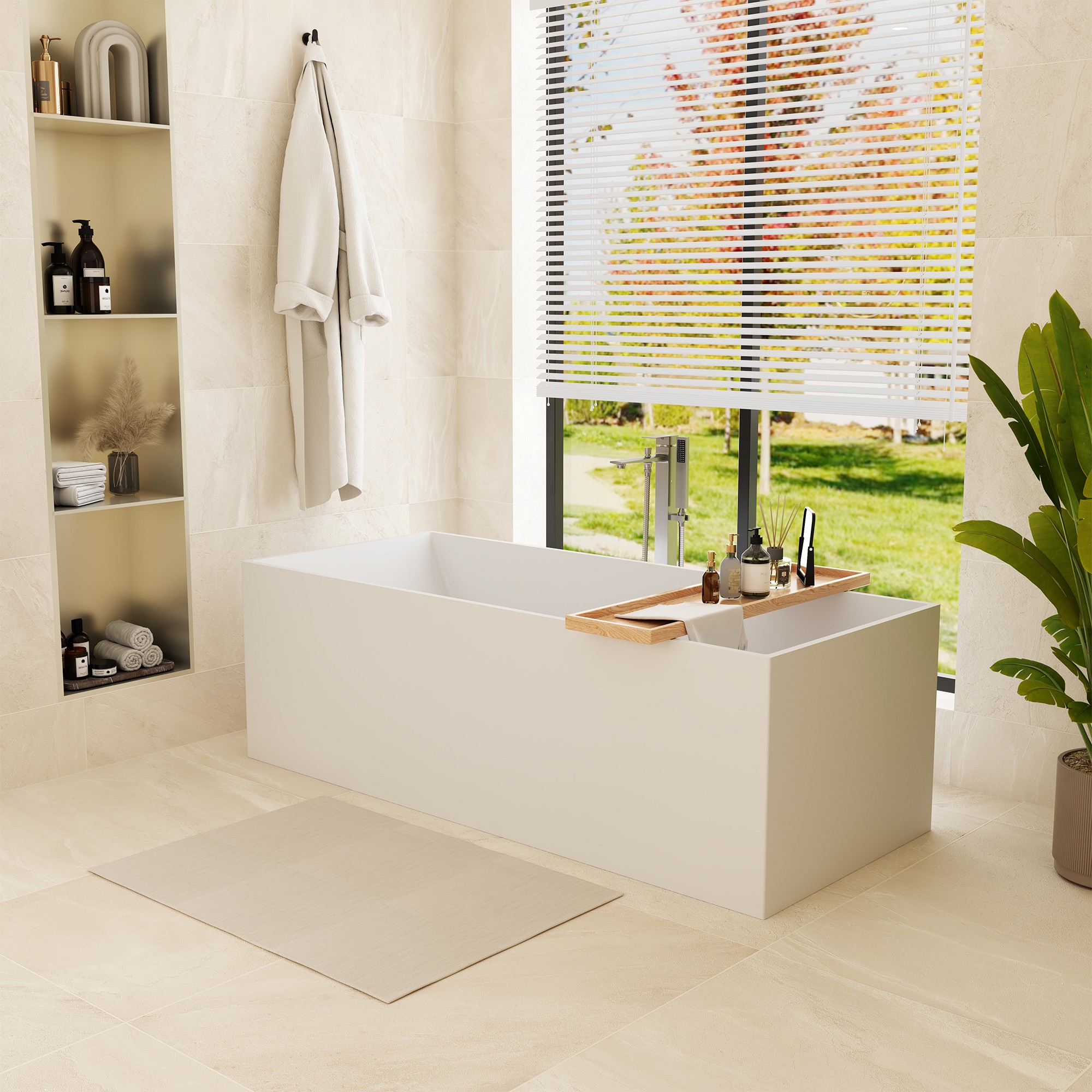 67" Freestanding Solid Surface Bathtub with Slide-Like Curved Interior