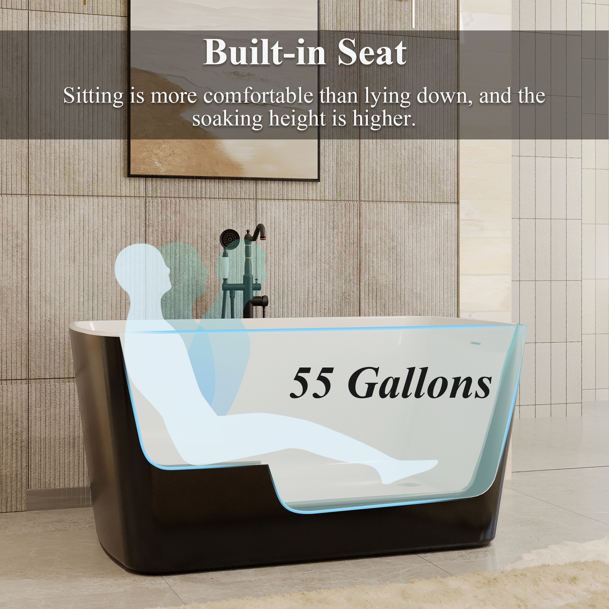 49" Acrylic Freestanding Japanese Soaking Bathtub with Sit-In Design