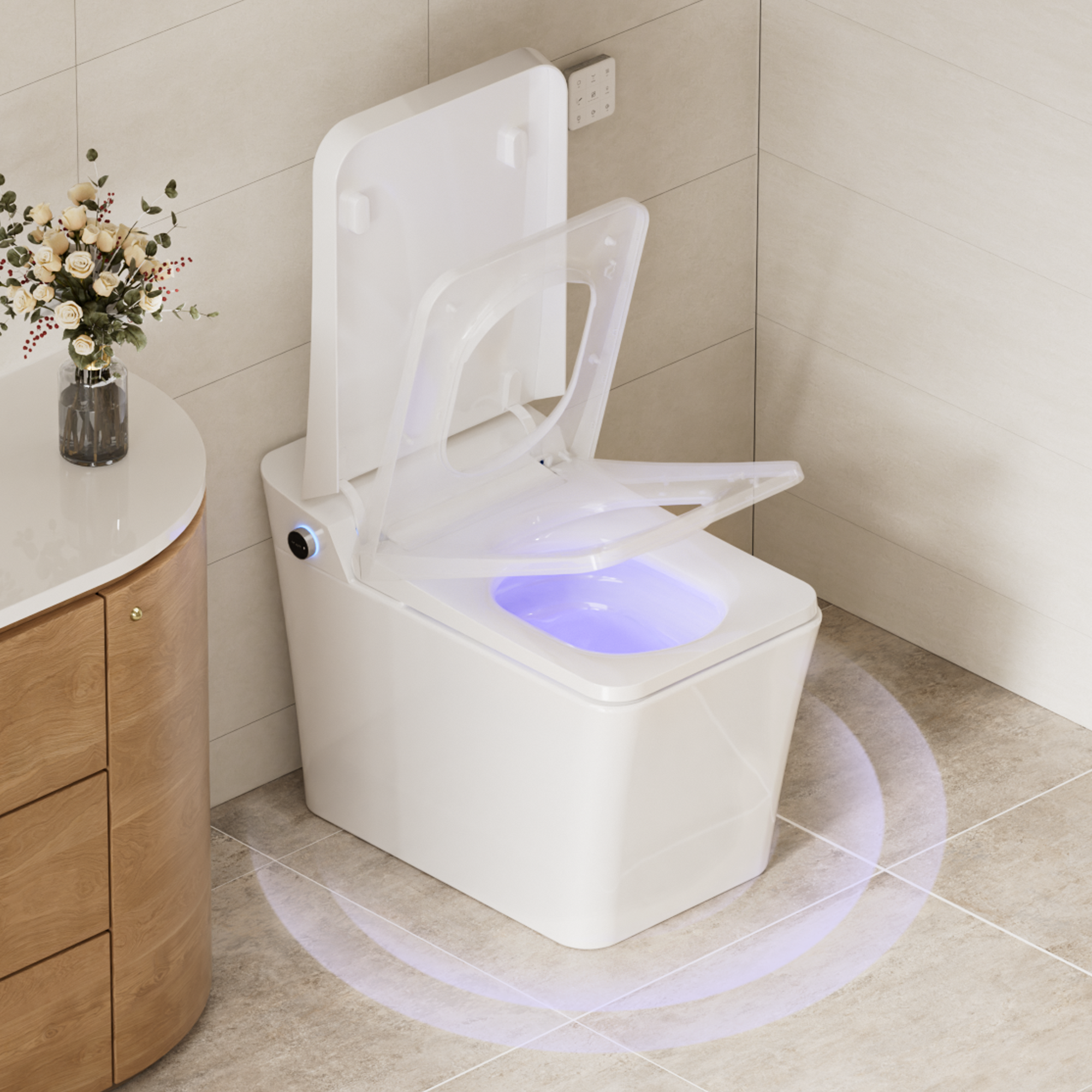 Elongated White Square-Shaped Tankless Smart Bidet Toilet