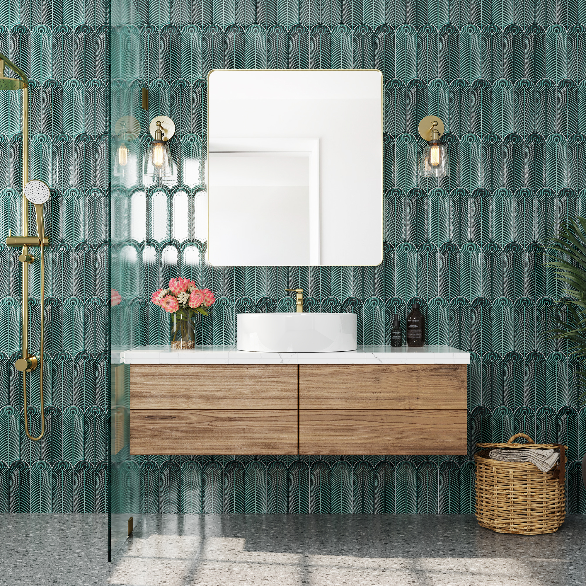 Tempered Glass Wall-Mounted Mirror with Gold Metal Frame