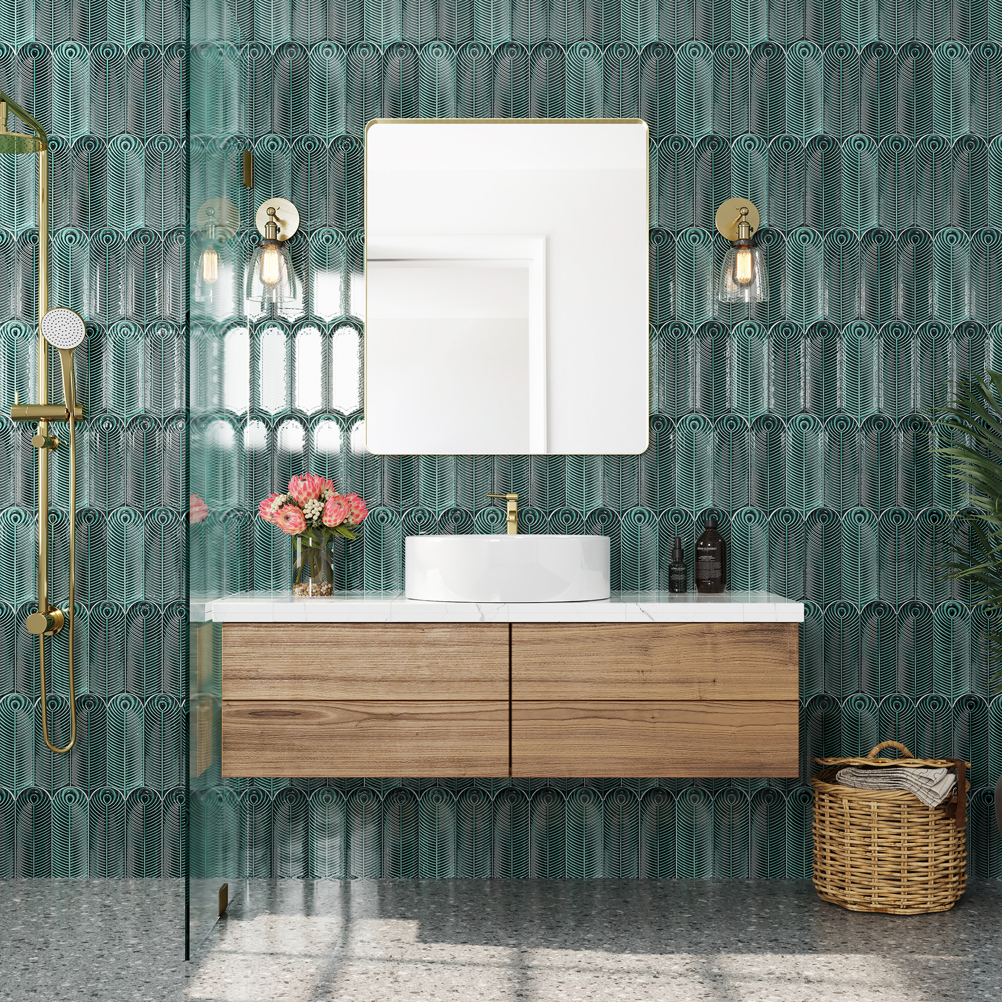 Tempered Glass Wall-Mounted Mirror with Gold Metal Frame