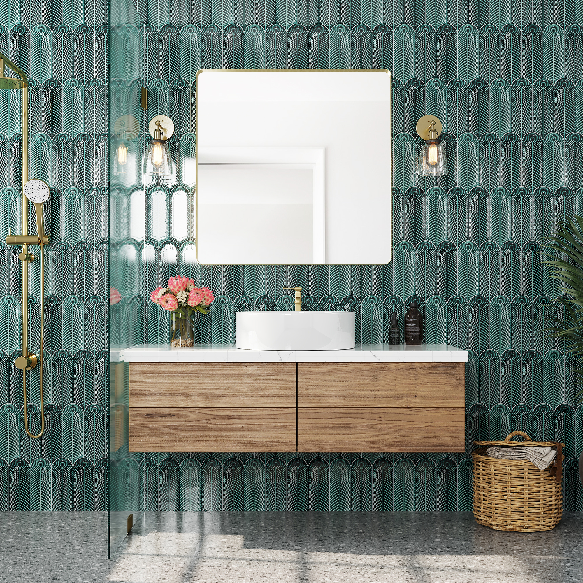 Tempered Glass Wall-Mounted Mirror with Gold Metal Frame