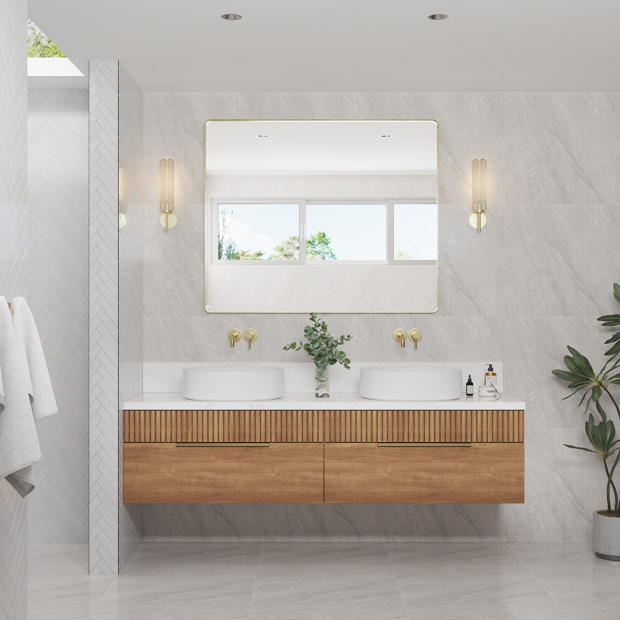 Tempered Glass Wall-Mounted Mirror with Gold Metal Frame