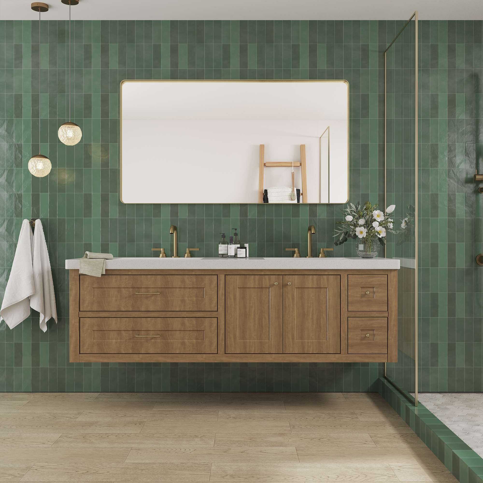 Tempered Glass Wall-Mounted Mirror with Gold Metal Frame