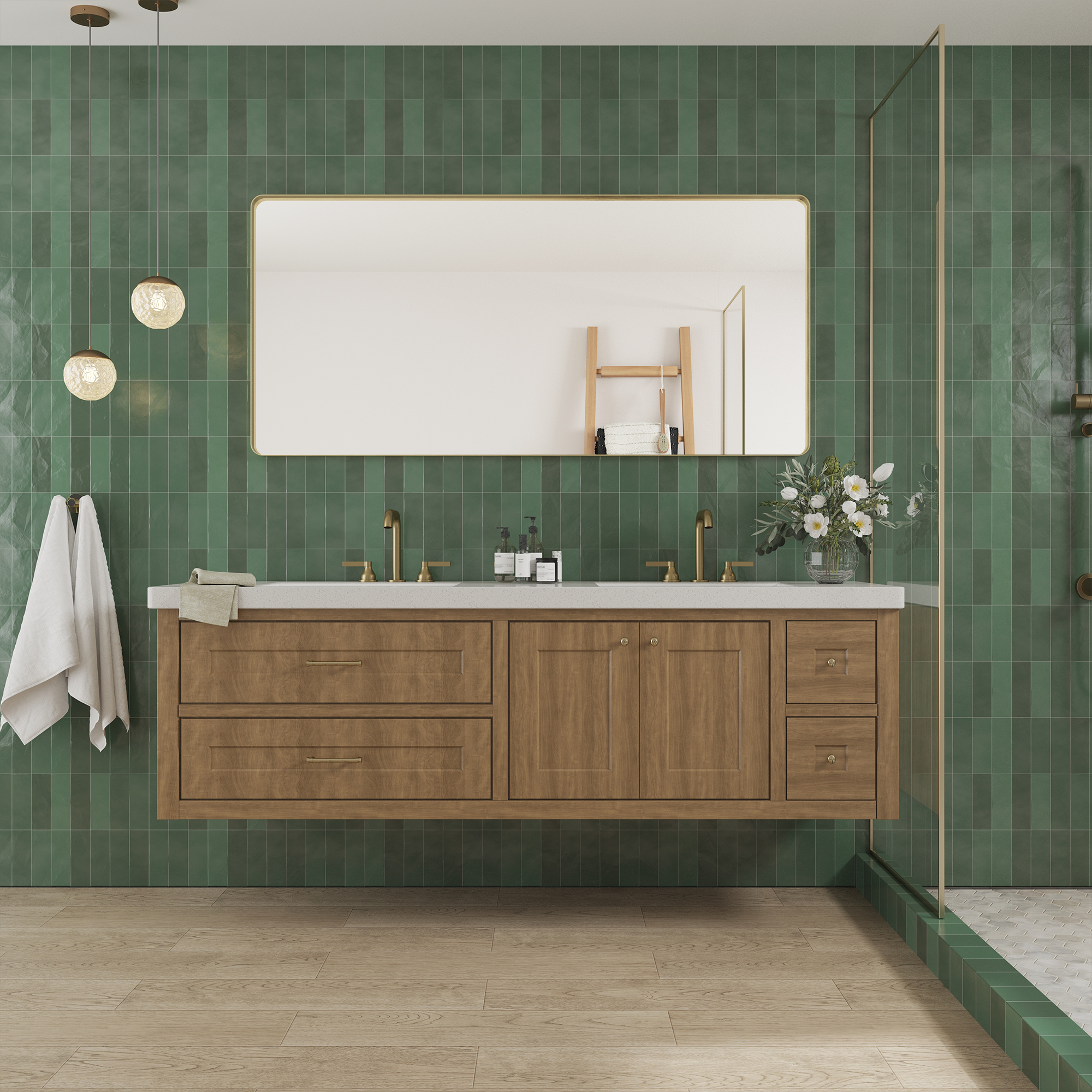 Tempered Glass Wall-Mounted Mirror with Gold Metal Frame