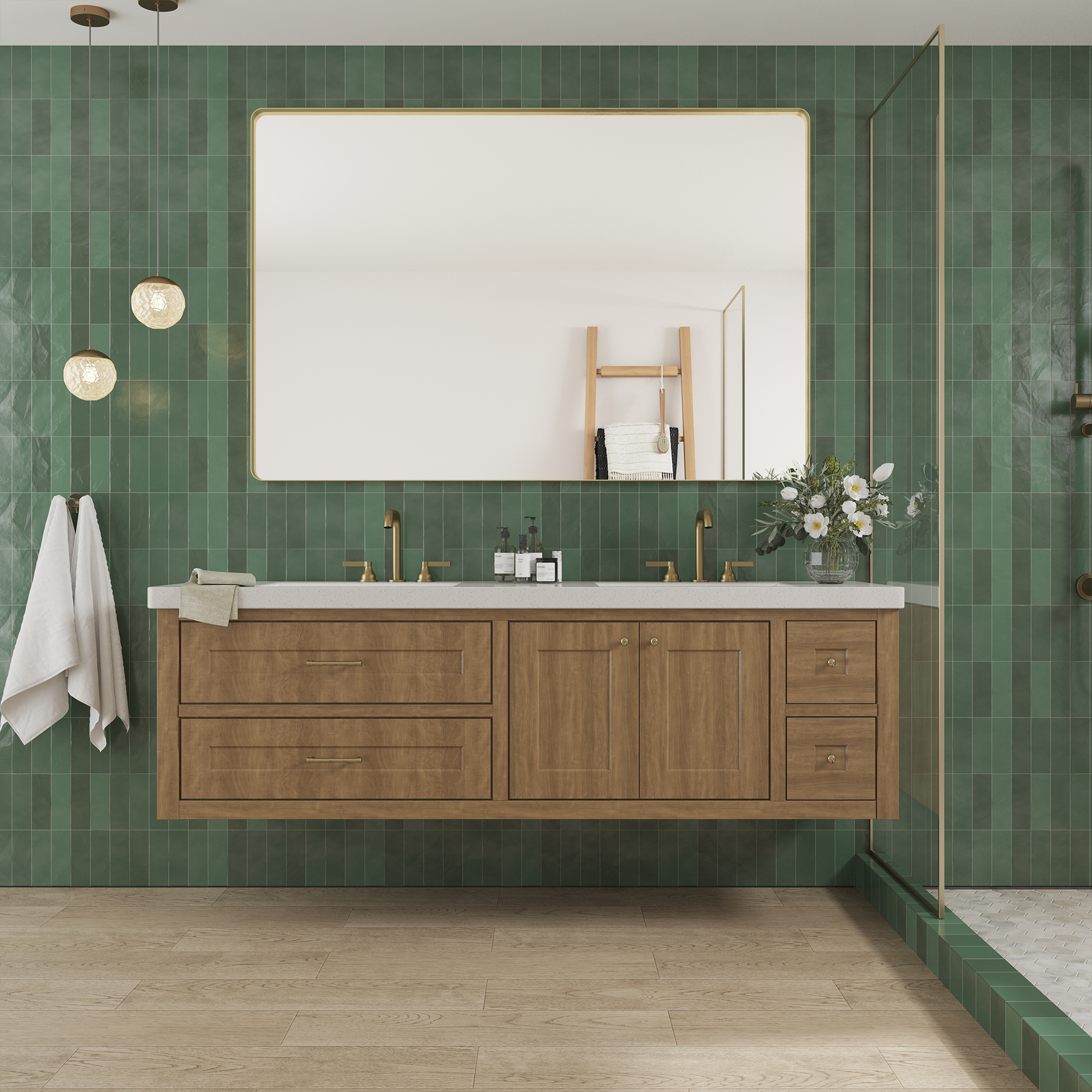 Tempered Glass Wall-Mounted Mirror with Gold Metal Frame