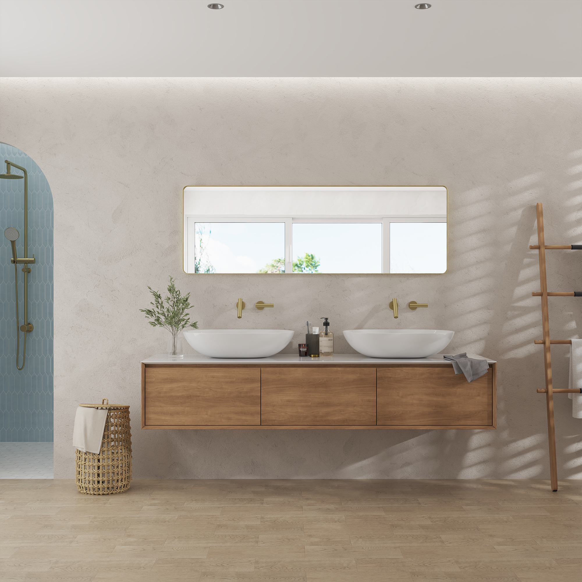 Tempered Glass Wall-Mounted Mirror with Gold Metal Frame