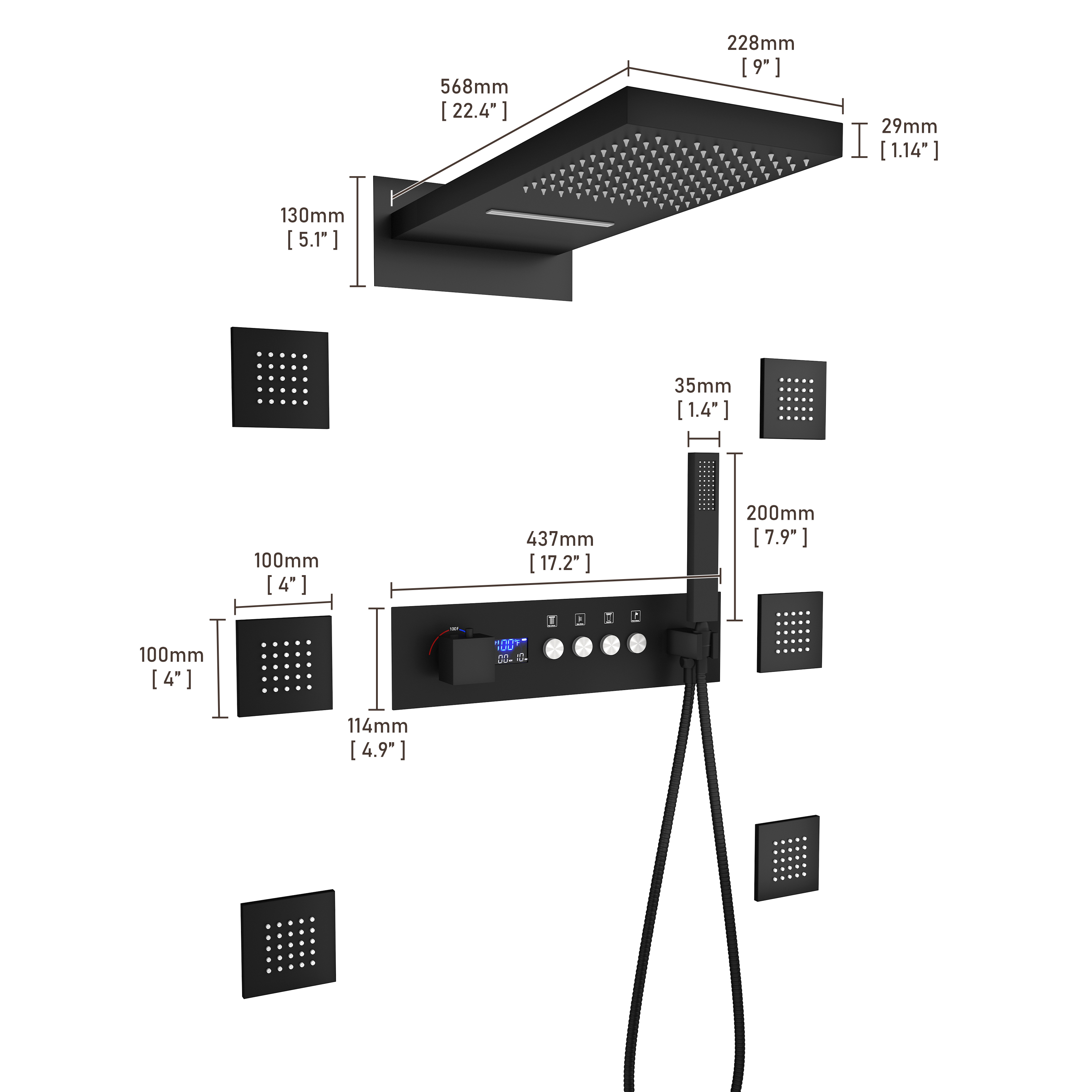 22*9 inch 4-Function Thermostatic Shower System with Digital Display and 6 Body Jets