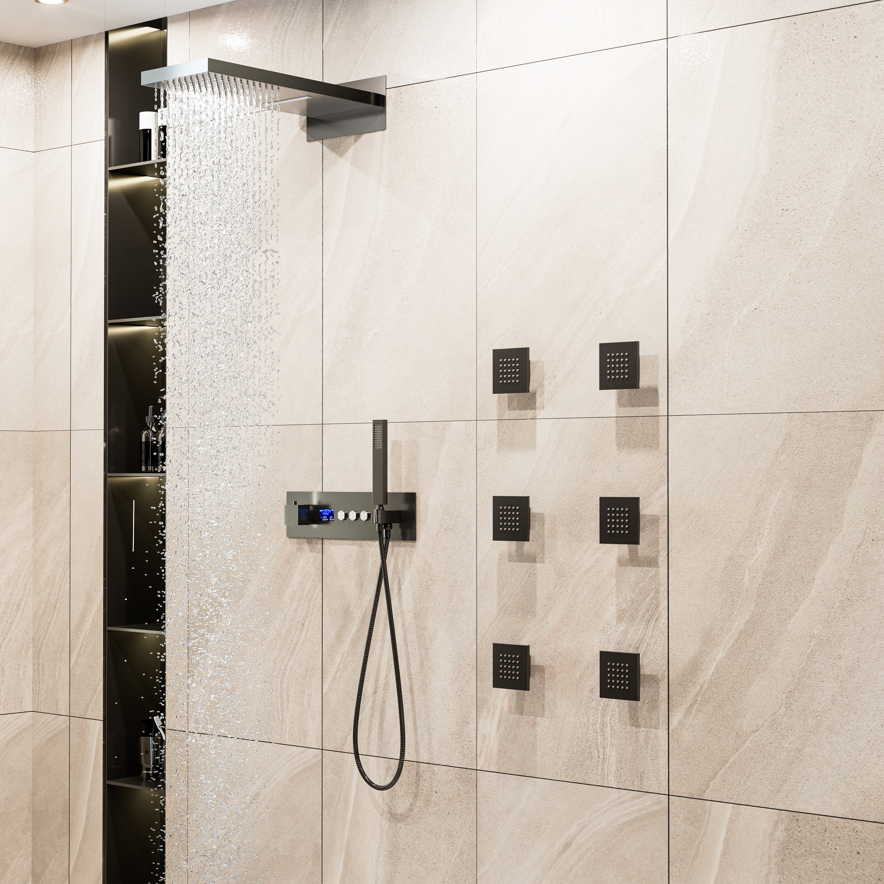 22*9 inch 4-Function Thermostatic Shower System with Digital Display and 6 Body Jets