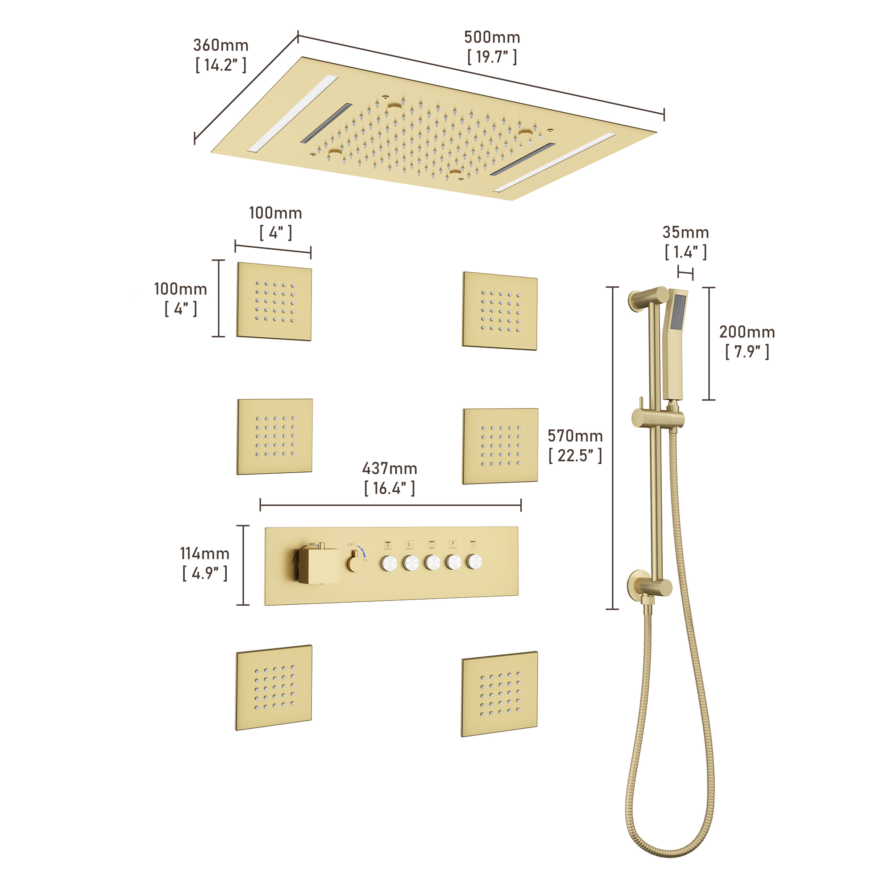 20*14 inch 5-Function Luxury Shower System with LED Lights and Slide Bar