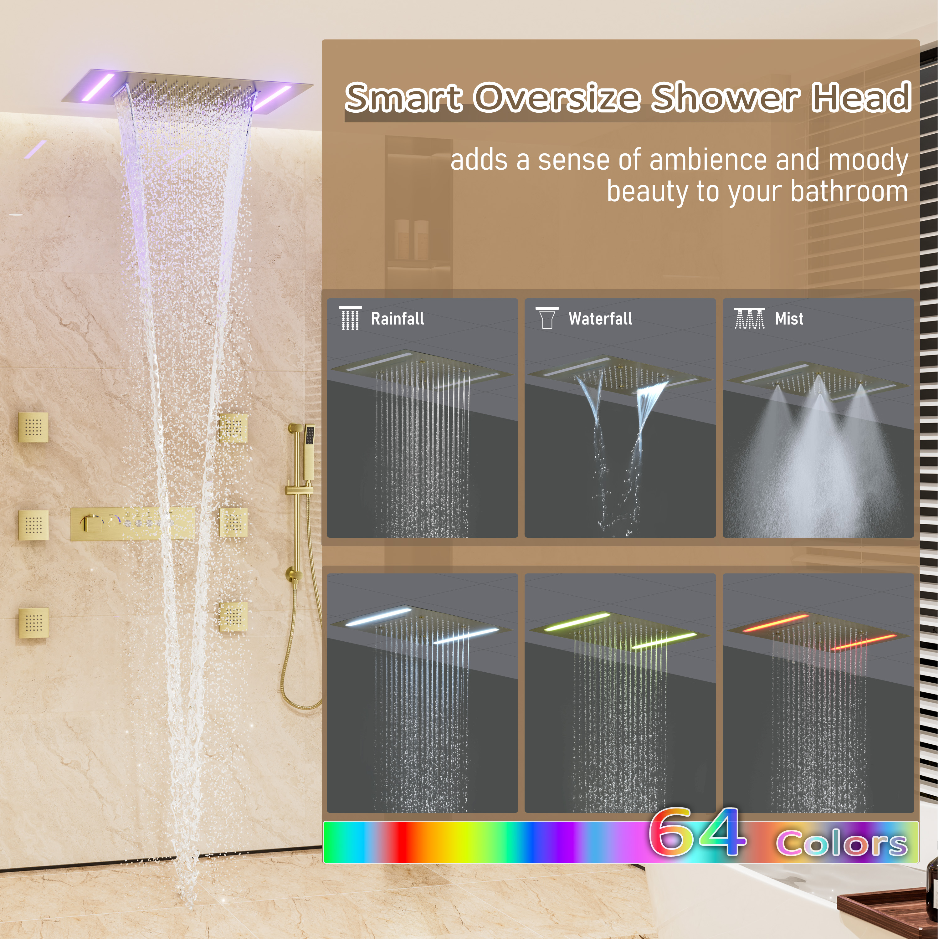 20*14 inch 5-Function Luxury Shower System with LED Lights and Slide Bar