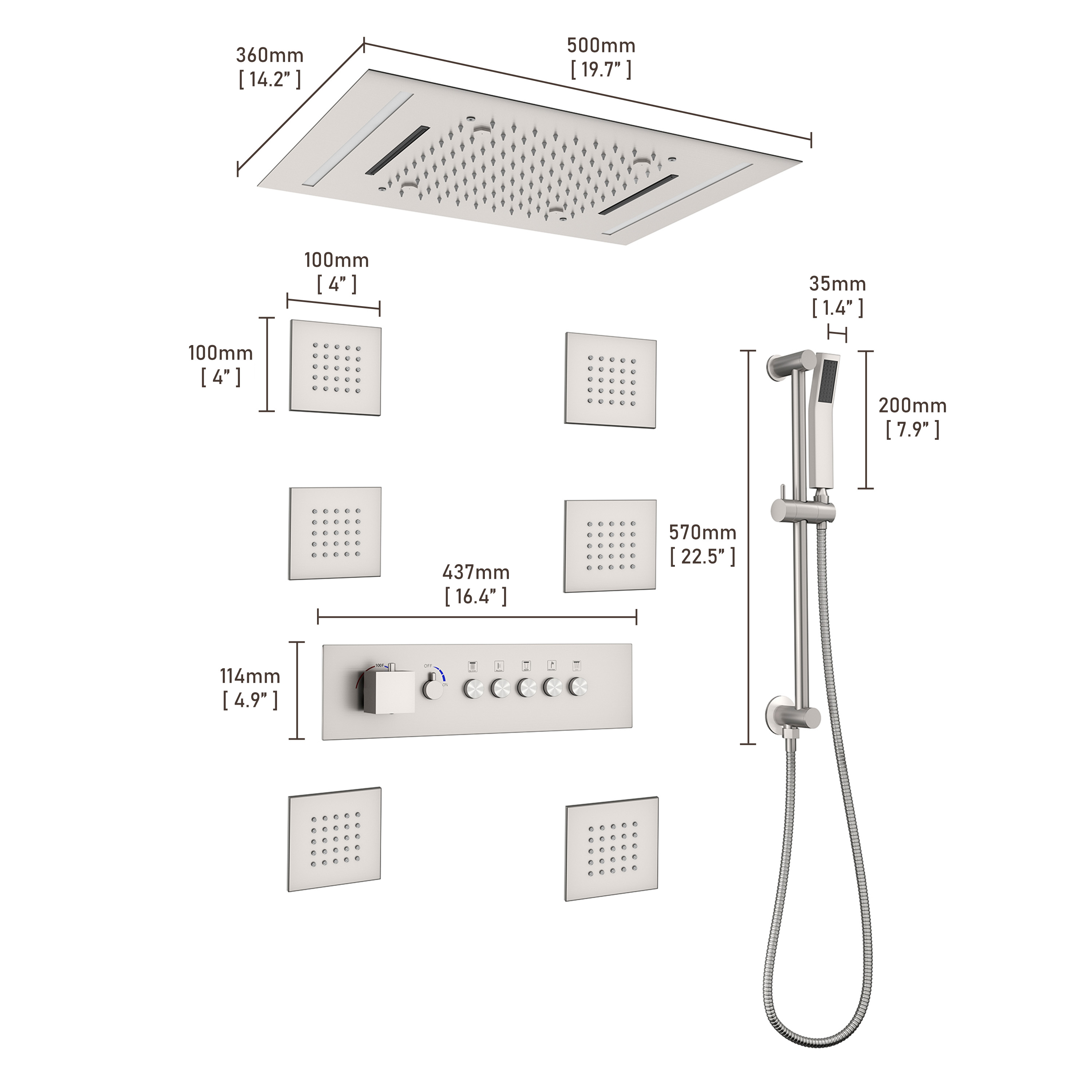 20*14 inch 5-Function Luxury Shower System with LED Lights and Slide Bar