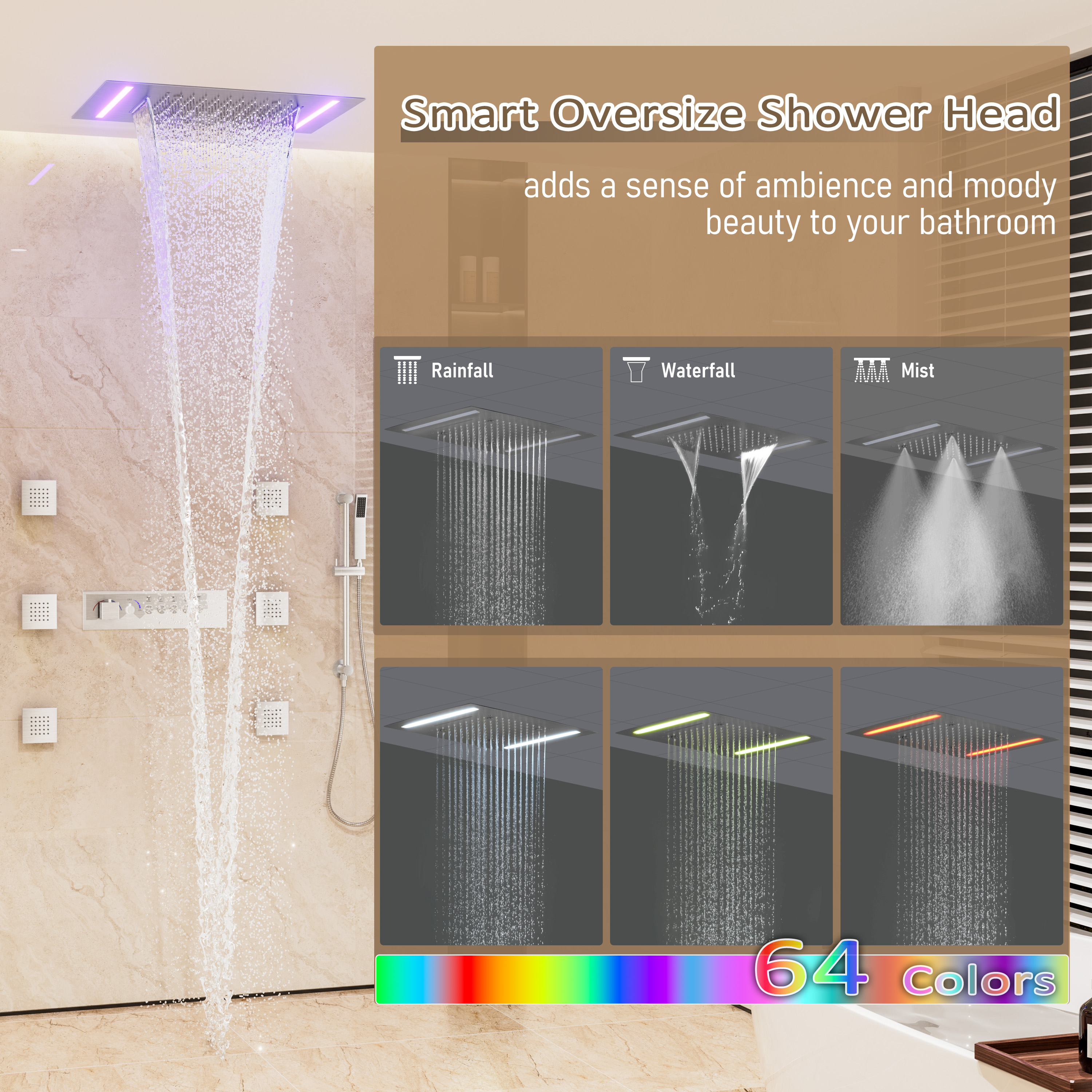 20*14 inch 5-Function Luxury Shower System with LED Lights and Slide Bar