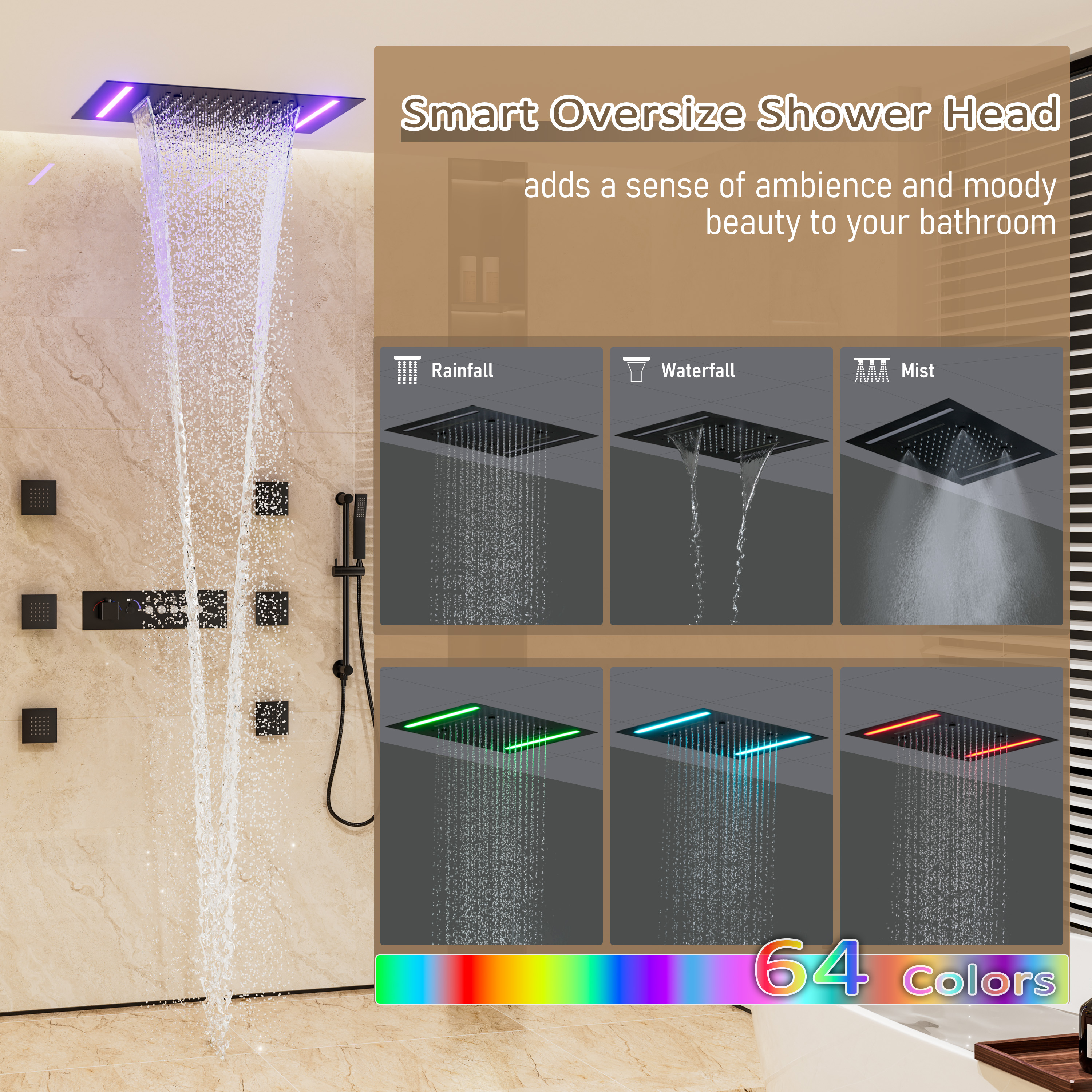 20*14 inch 5-Function Luxury Shower System with LED Lights and Slide Bar