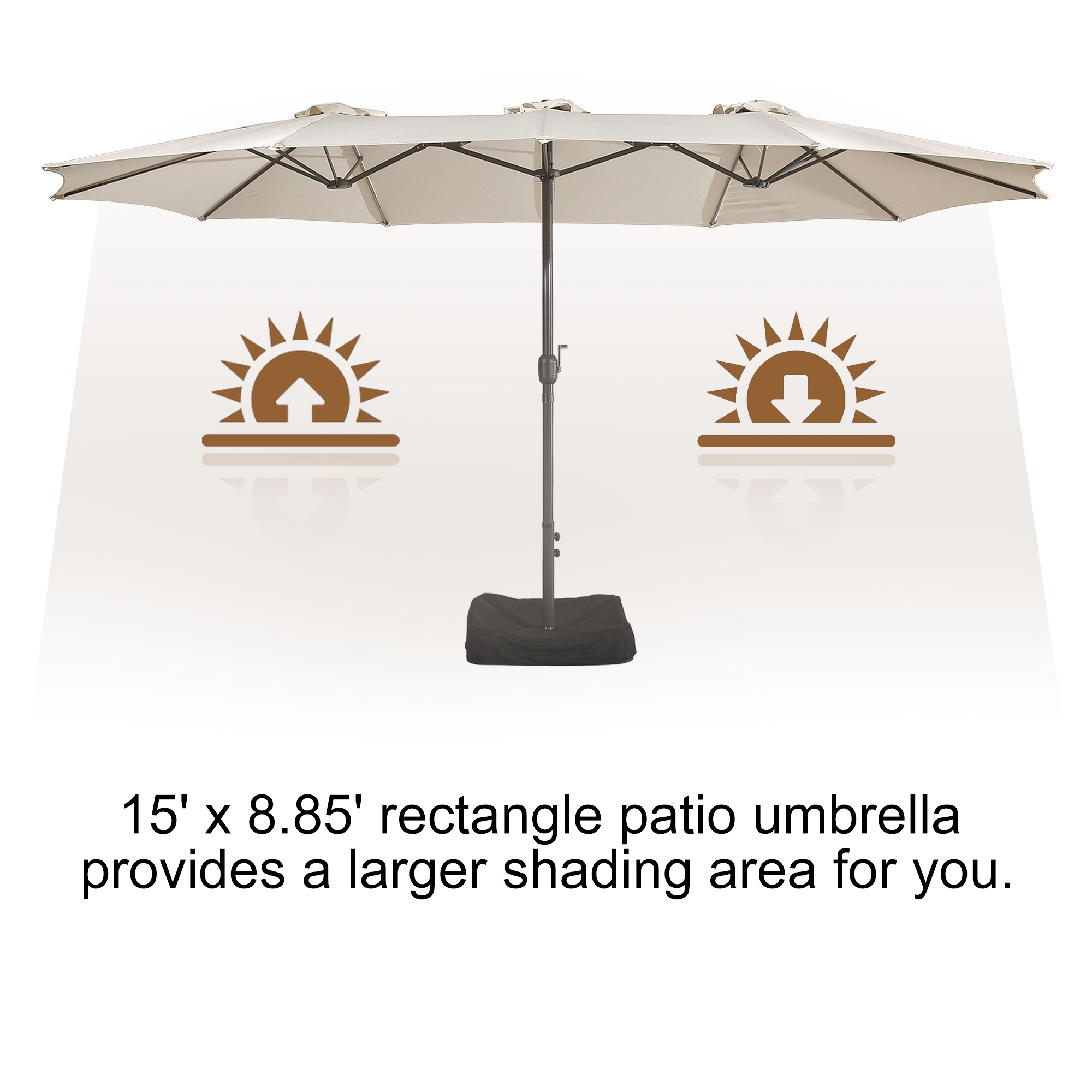 15ft Patio Steel Rectangular Double-Sided Market Umbrella With Base, Classic Design or Solar LED Lights Options,UV Sun Protection & Easy Crank for Deck Pool Patio.