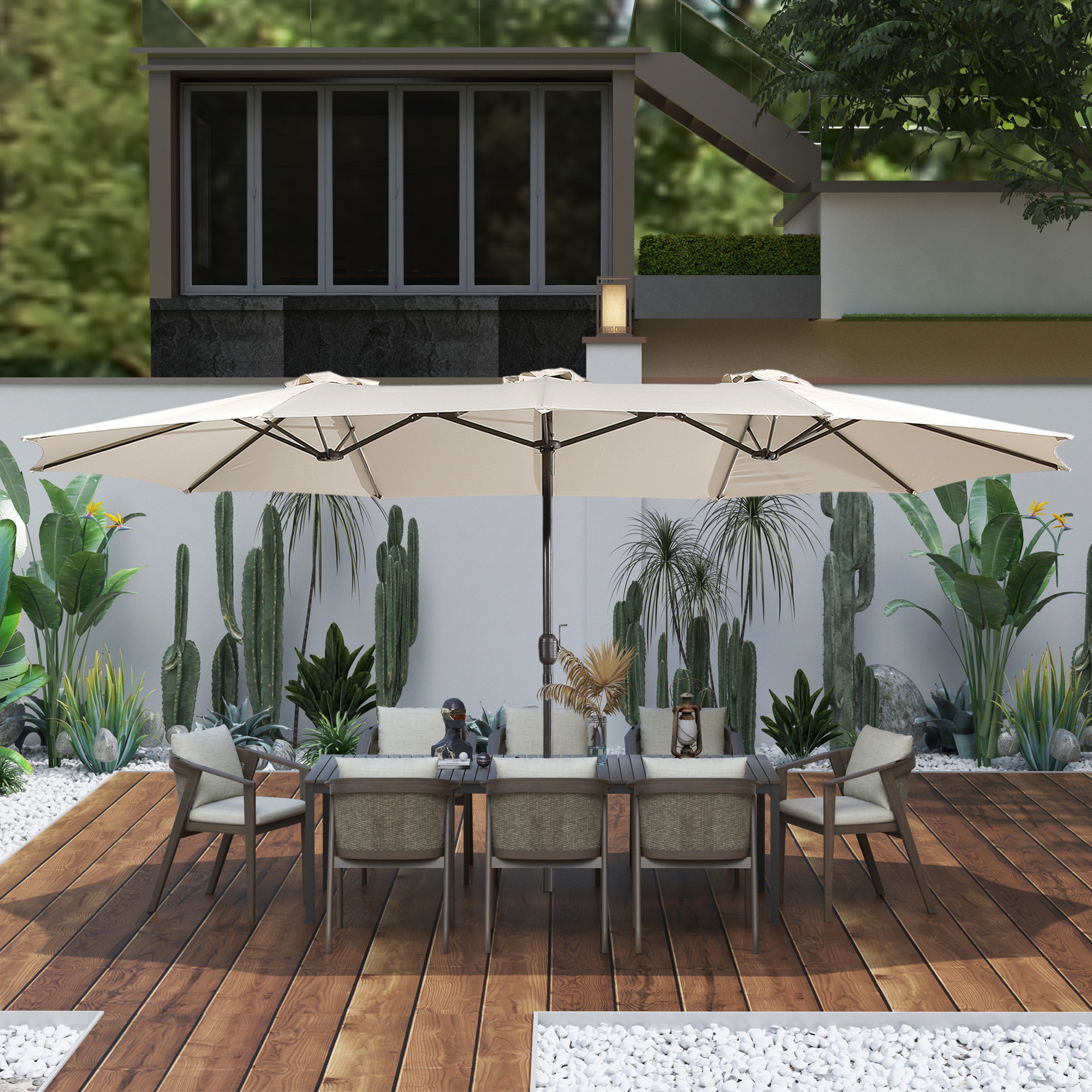 15ft Patio Steel Rectangular Double-Sided Market Umbrella With Base, Classic Design or Solar LED Lights Options,UV Sun Protection & Easy Crank for Deck Pool Patio.