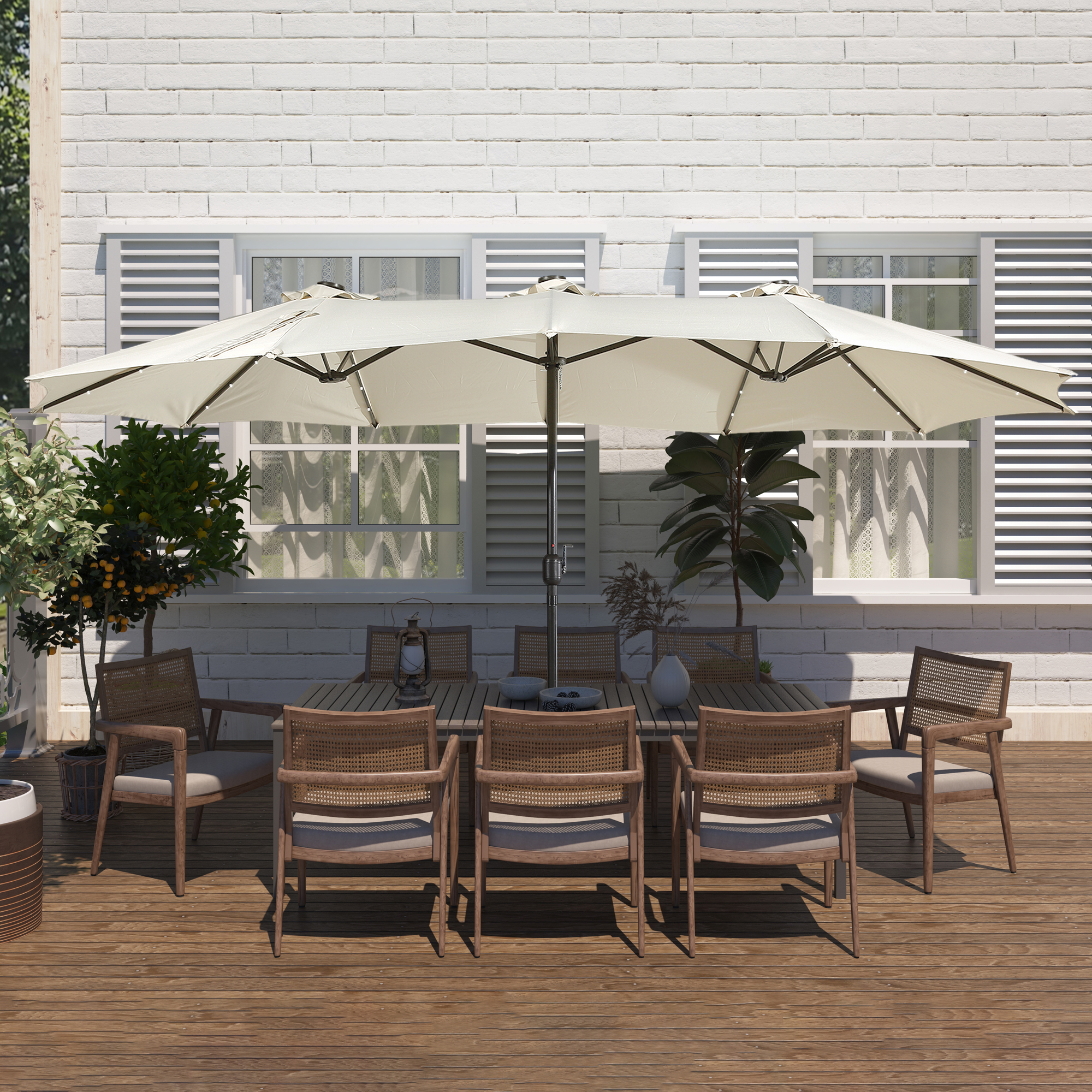 15ft Patio Steel Rectangular Double-Sided Market Umbrella With Base, Classic Design or Solar LED Lights Options,UV Sun Protection & Easy Crank for Deck Pool Patio.