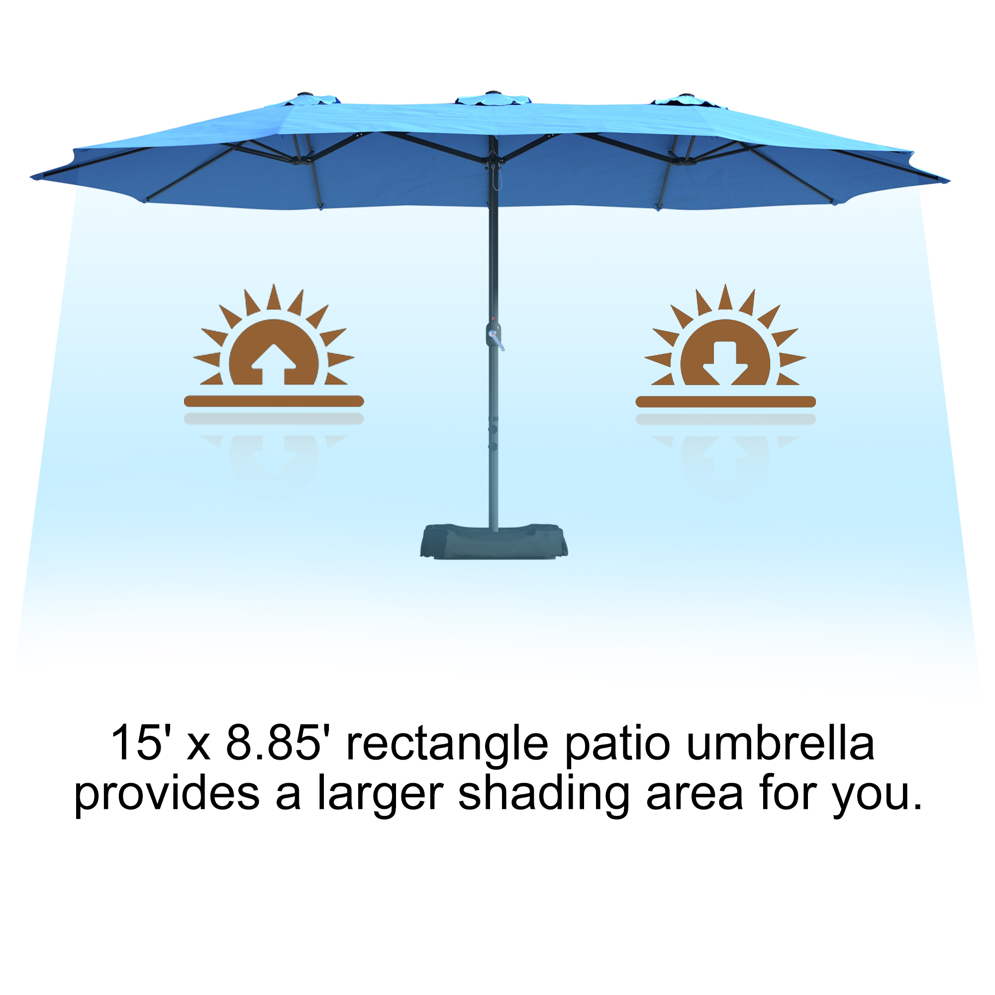 15ft Patio Steel Rectangular Double-Sided Market Umbrella With Base, Classic Design or Solar LED Lights Options,UV Sun Protection & Easy Crank for Deck Pool Patio.