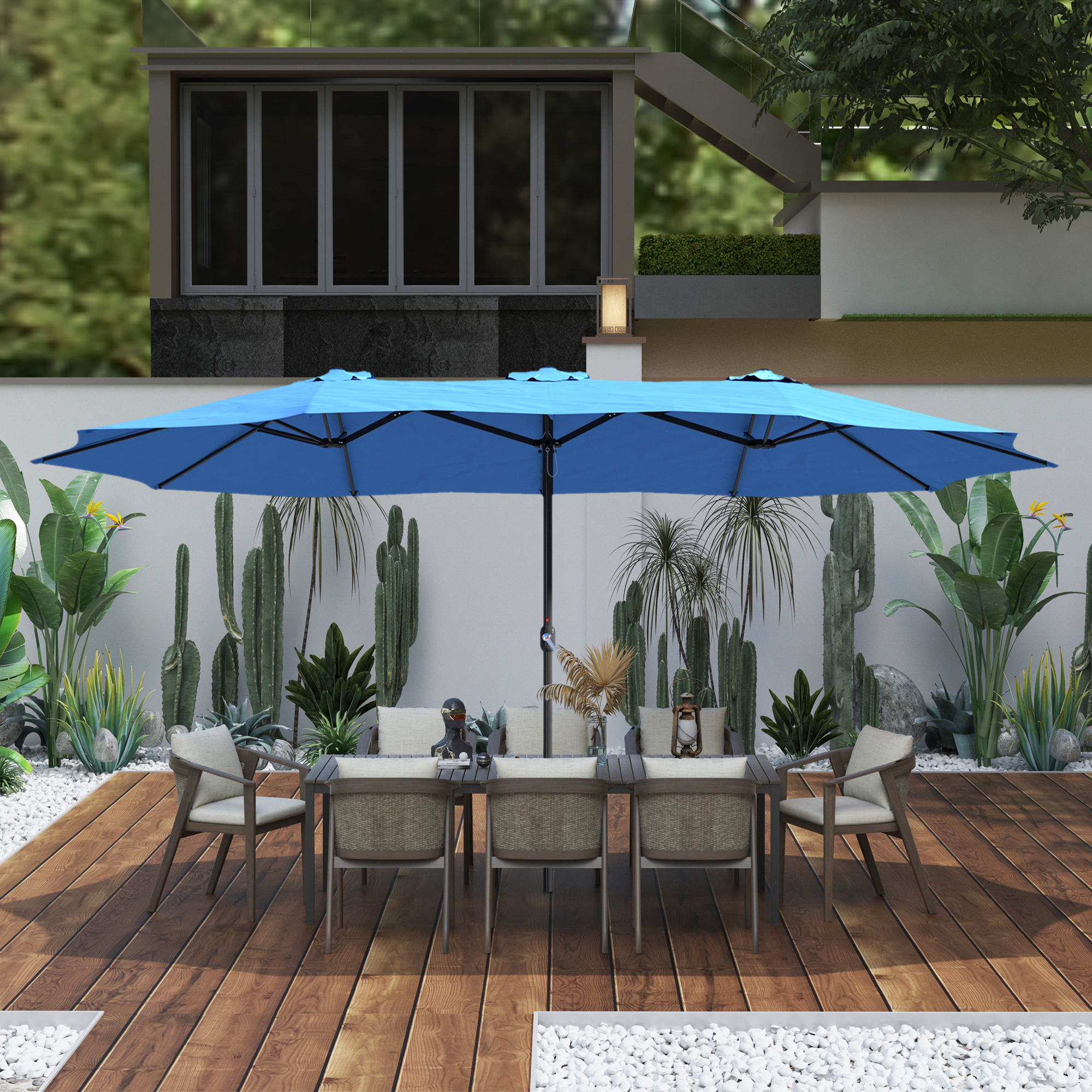 15ft Patio Steel Rectangular Double-Sided Market Umbrella With Base, Classic Design or Solar LED Lights Options,UV Sun Protection & Easy Crank for Deck Pool Patio.
