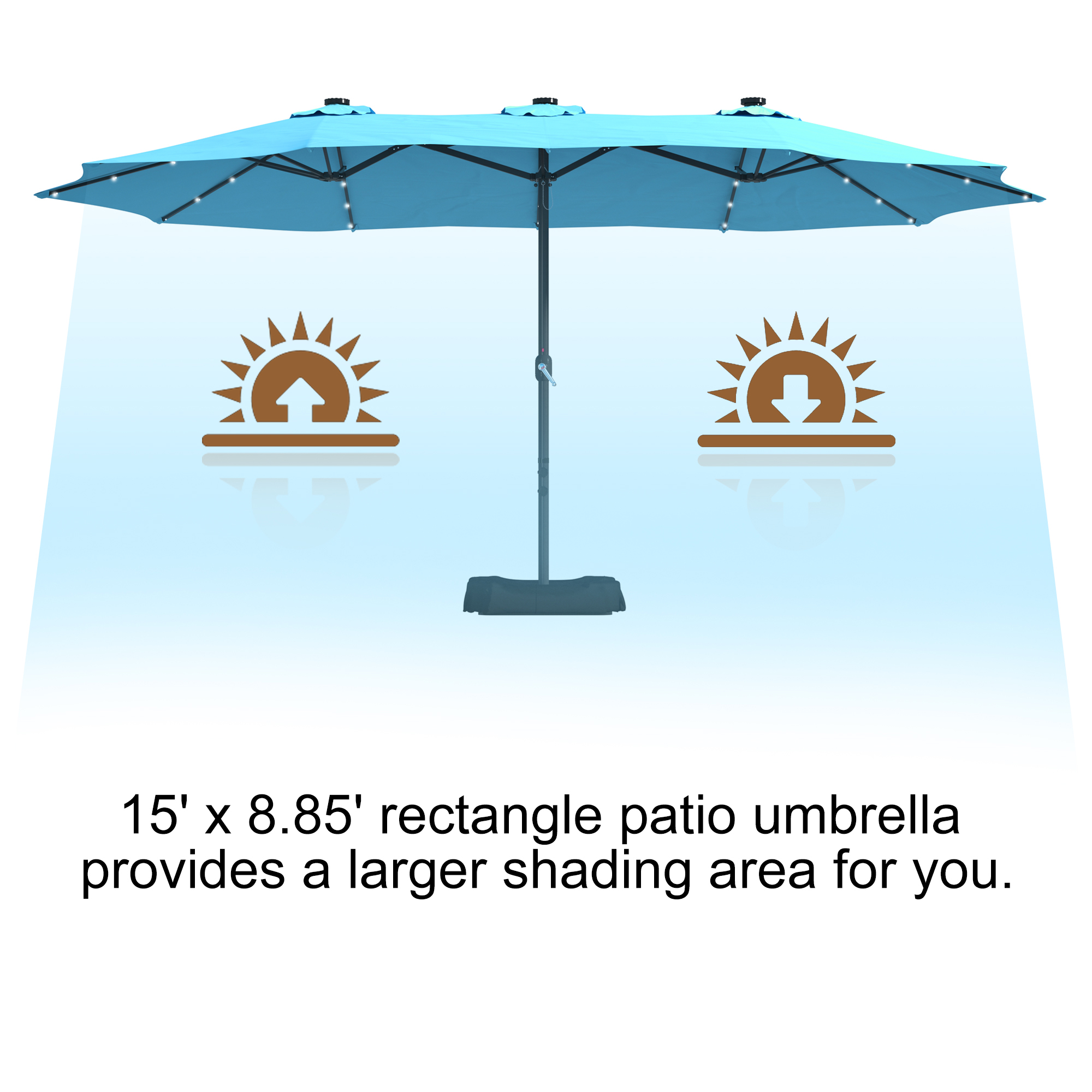 15ft Patio Steel Rectangular Double-Sided Market Umbrella With Base, Classic Design or Solar LED Lights Options,UV Sun Protection & Easy Crank for Deck Pool Patio.