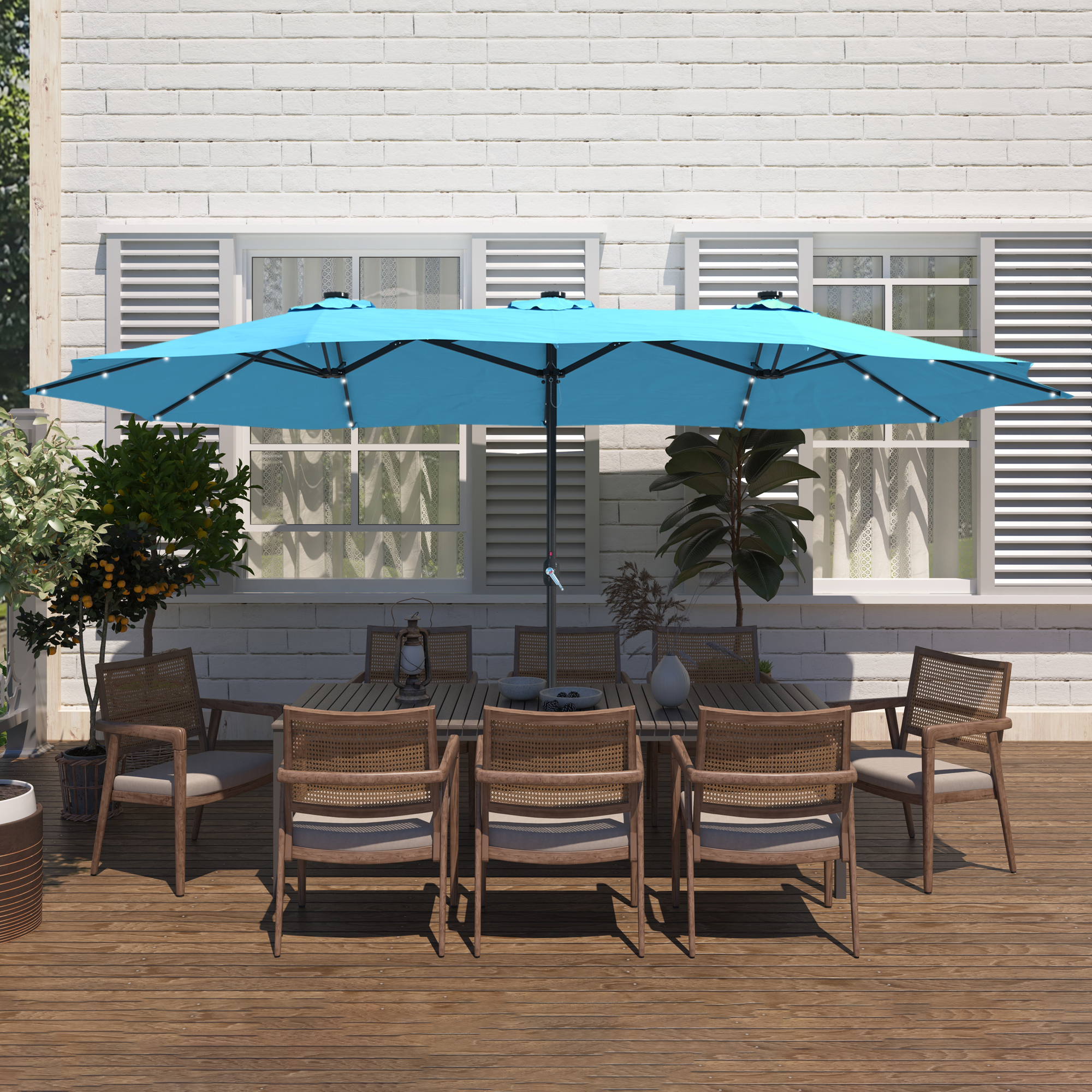 15ft Patio Steel Rectangular Double-Sided Market Umbrella With Base, Classic Design or Solar LED Lights Options,UV Sun Protection & Easy Crank for Deck Pool Patio.