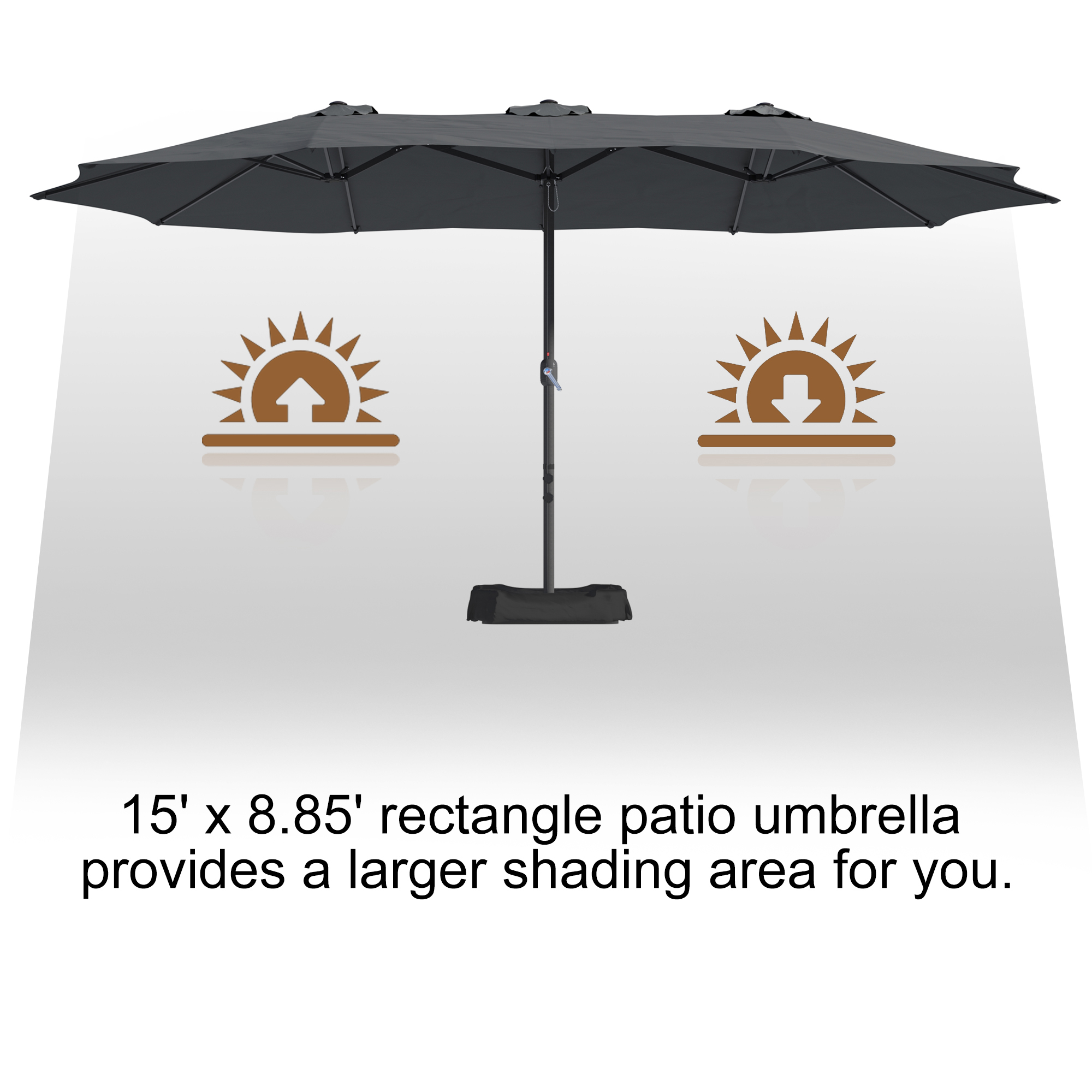 15ft Patio Steel Rectangular Double-Sided Market Umbrella With Base, Classic Design or Solar LED Lights Options,UV Sun Protection & Easy Crank for Deck Pool Patio.